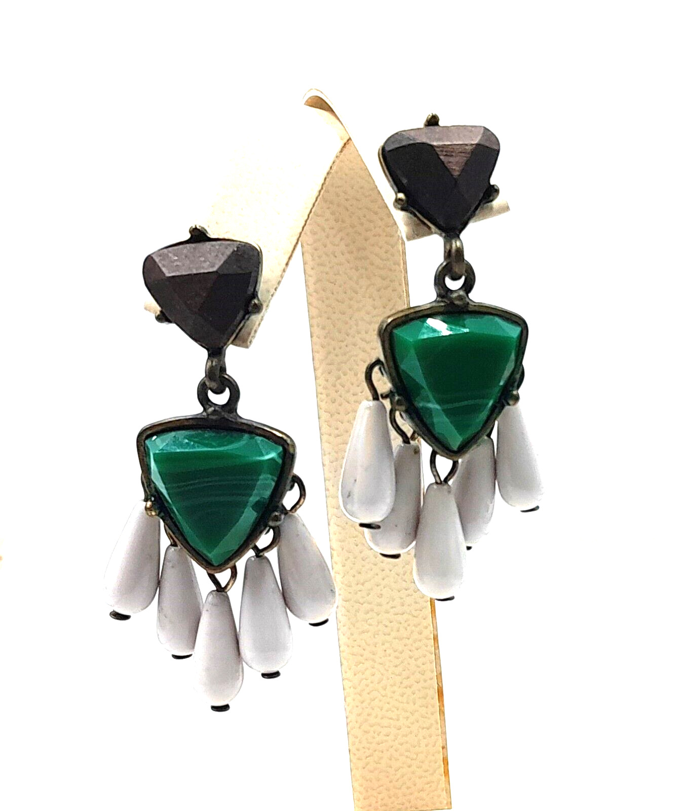 Vintage 1900's BaubleBar Kona Drop Green Accents w/ dark Wood 2" Dangle Earrings
