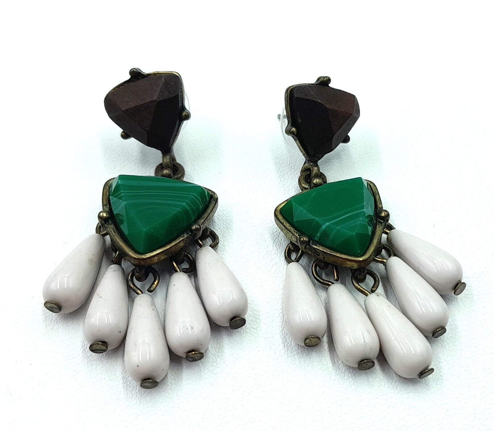 Vintage 1900's BaubleBar Kona Drop Green Accents w/ dark Wood 2" Dangle Earrings