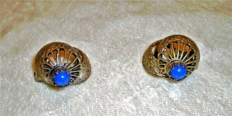 Antique Victorian Lapis Stone Filigree Clip On Earrings-1900's