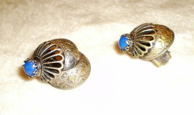 Antique Victorian Lapis Stone Filigree Clip On Earrings-1900's