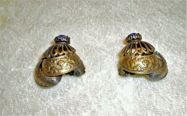Antique Victorian Lapis Stone Filigree Clip On Earrings-1900's