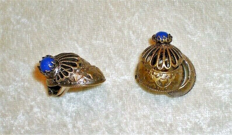 Antique Victorian Lapis Stone Filigree Clip On Earrings-1900's