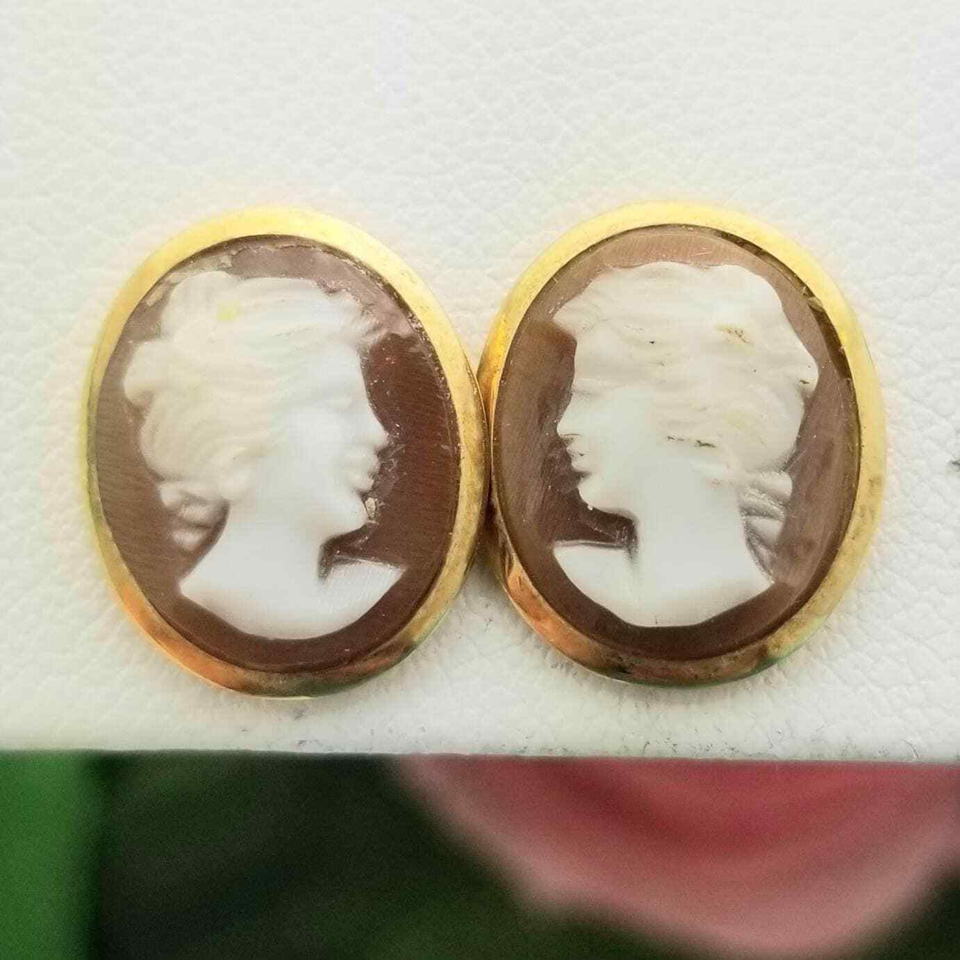 14K Cameo Shell Stud Earrings-1900s-Yellow Gold-Hand Carved 9/16'' Long-Vintage