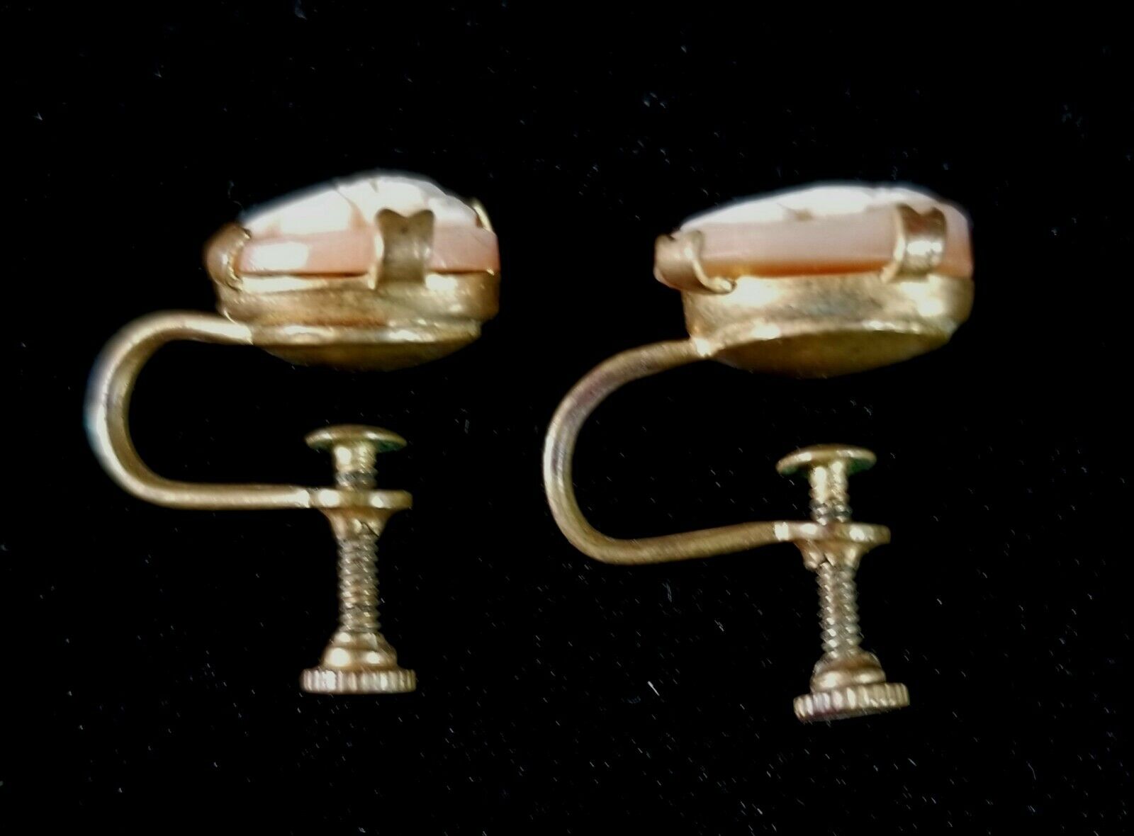 Antique Early 1900s Woman Portrait Shell Cameo On Pink Screw Back Earrings EXC