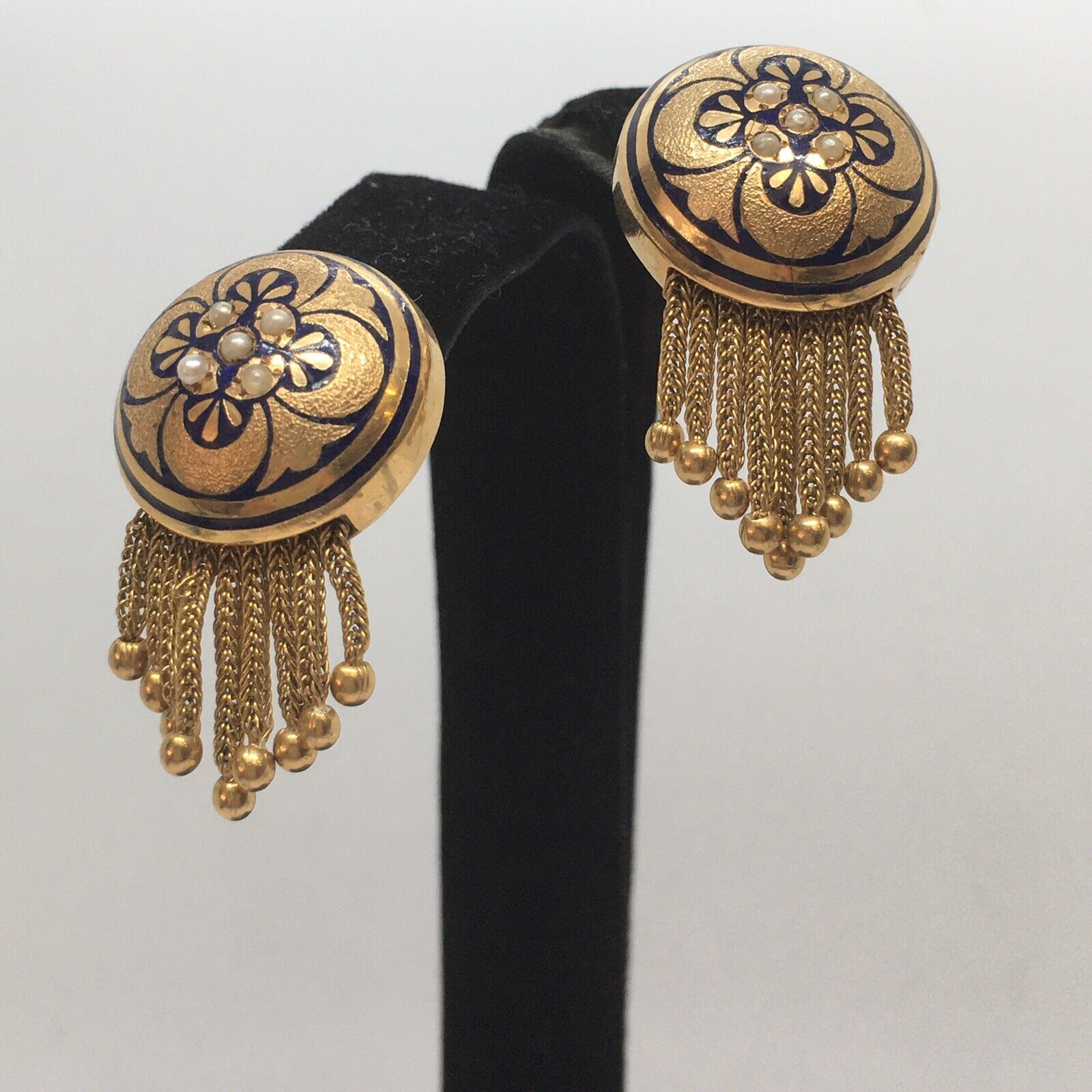 Nouveau 1900s American Seed Pearl Tassel Drop Stud Enamel Earrings Hallmark 14K