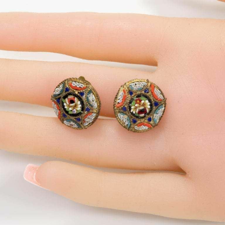 Italian Cloisonne Mosaic Clip On Button Earrings in Brass Tone, Early Mid 1900s