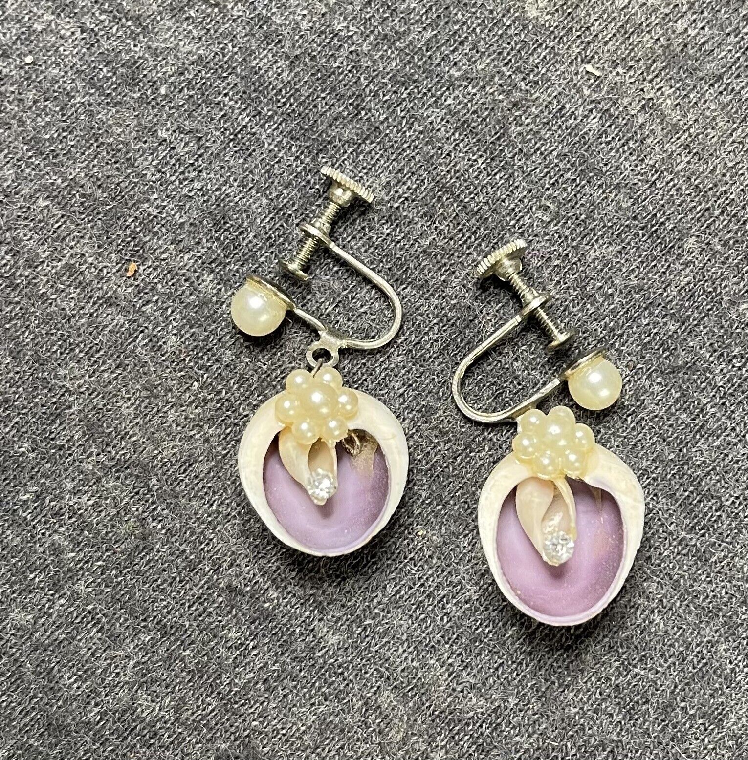 Vintage Antique Early 1900s Sea Shell Drop Screw Back Earrings 3/4" Drop