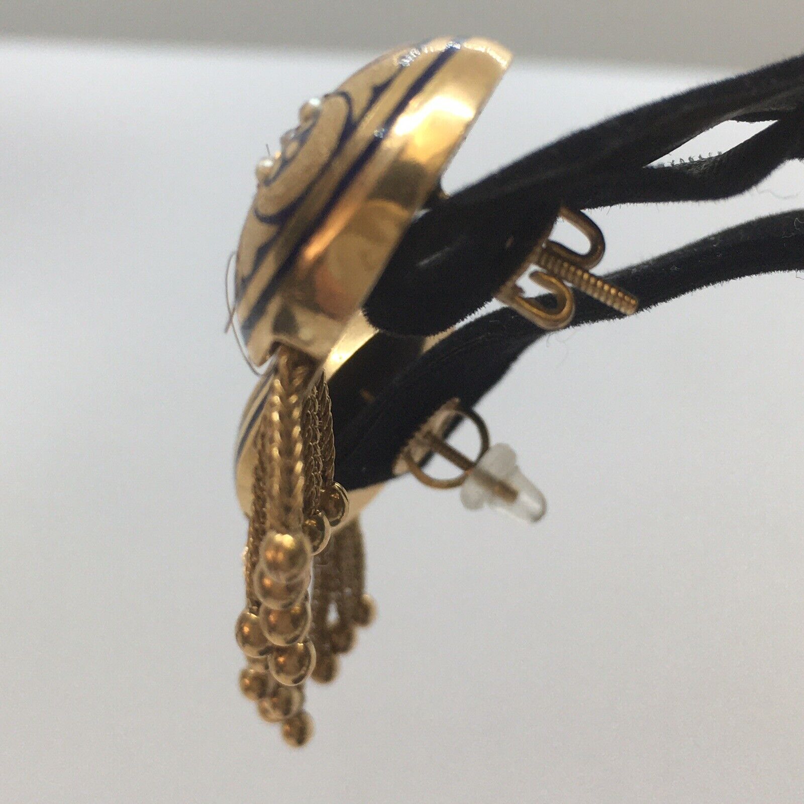 Nouveau 1900s American Seed Pearl Tassel Drop Stud Enamel Earrings Hallmark 14K