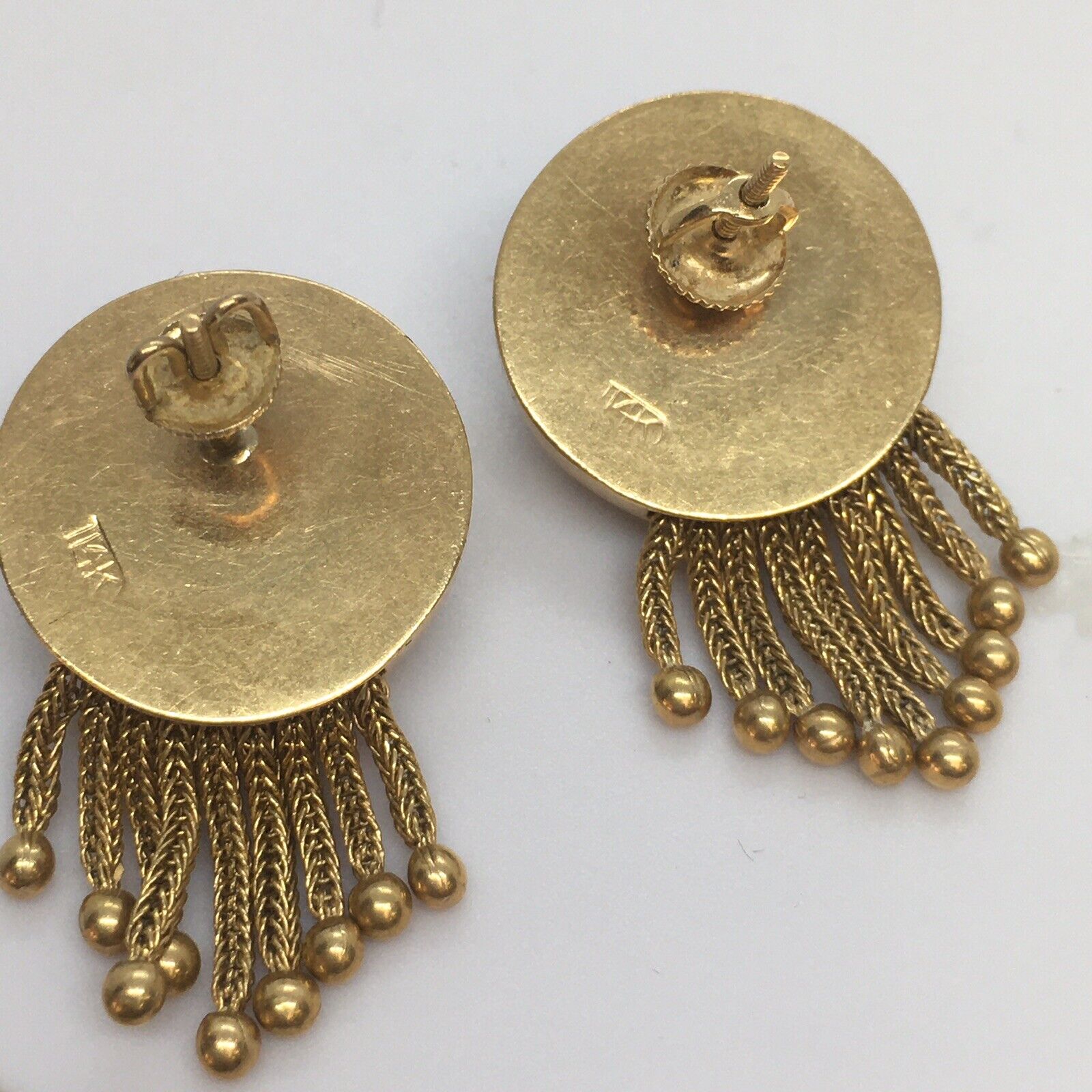 Nouveau 1900s American Seed Pearl Tassel Drop Stud Enamel Earrings Hallmark 14K