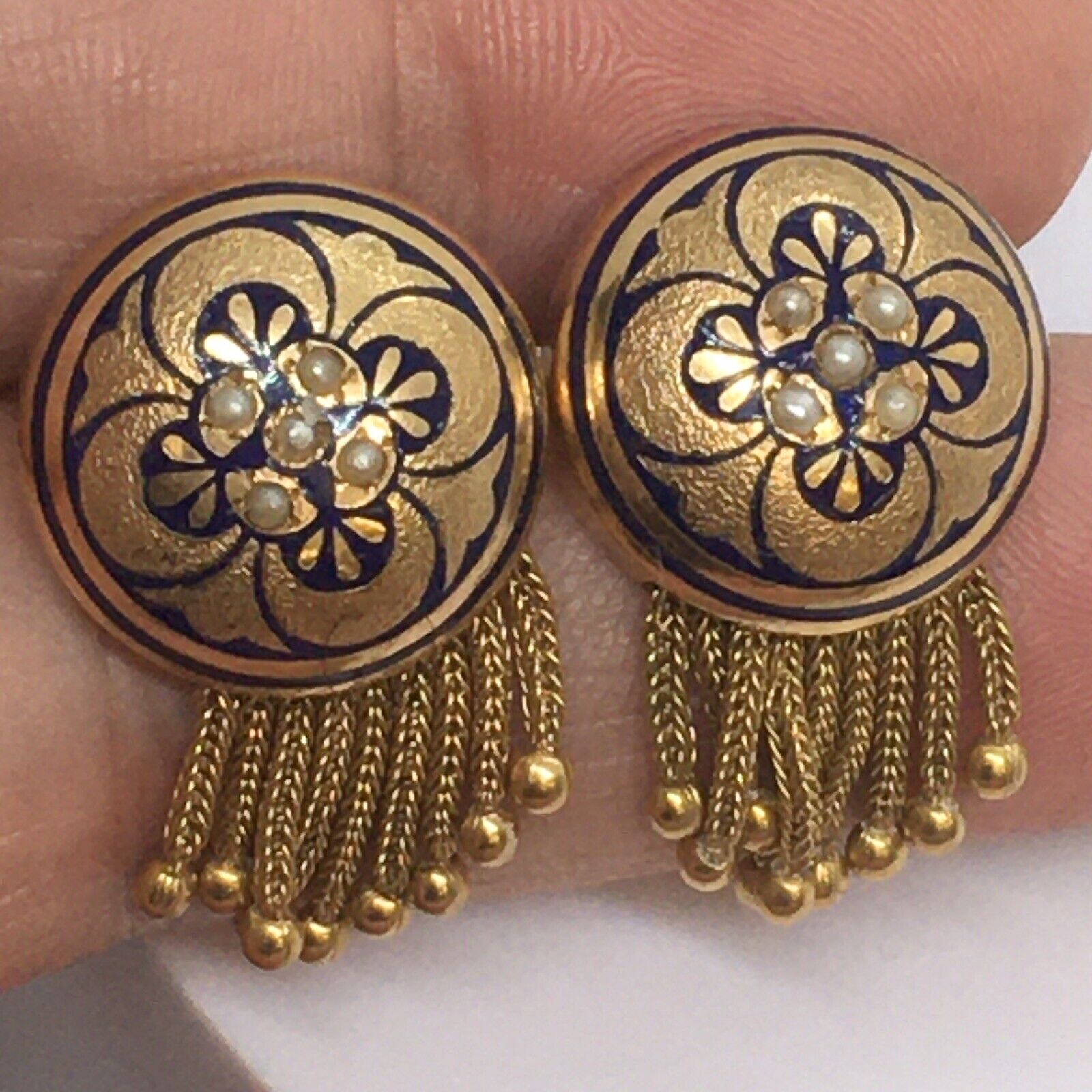 Nouveau 1900s American Seed Pearl Tassel Drop Stud Enamel Earrings Hallmark 14K