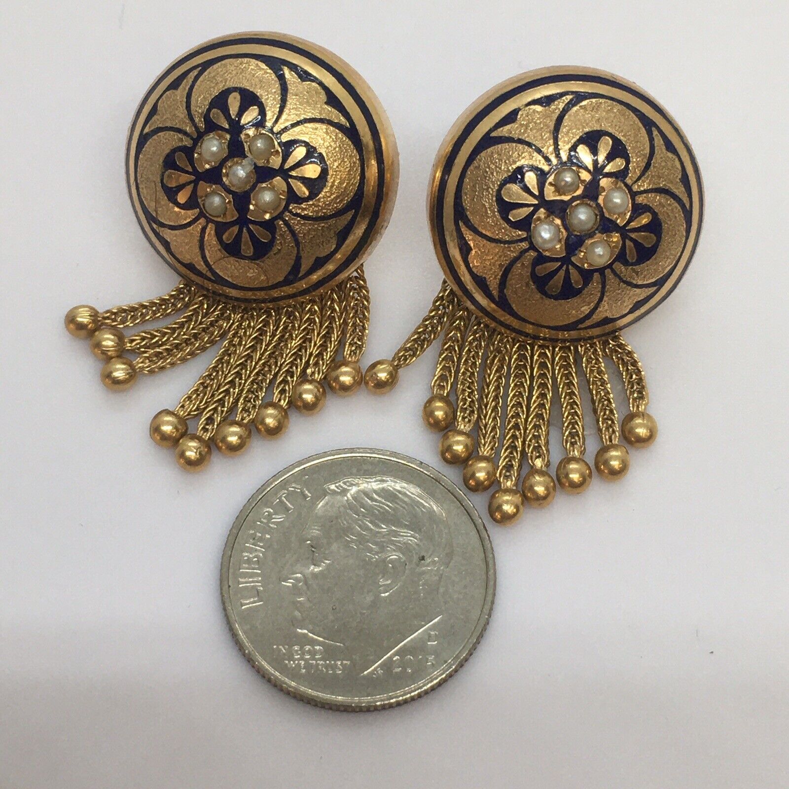 Nouveau 1900s American Seed Pearl Tassel Drop Stud Enamel Earrings Hallmark 14K