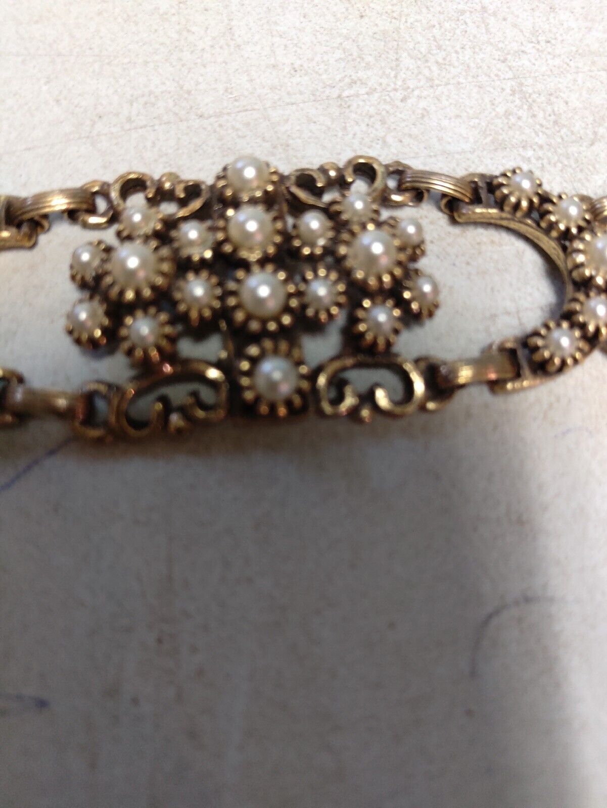 Antique Bracelet Faux Pearls Ornate Early 1900s great condition
