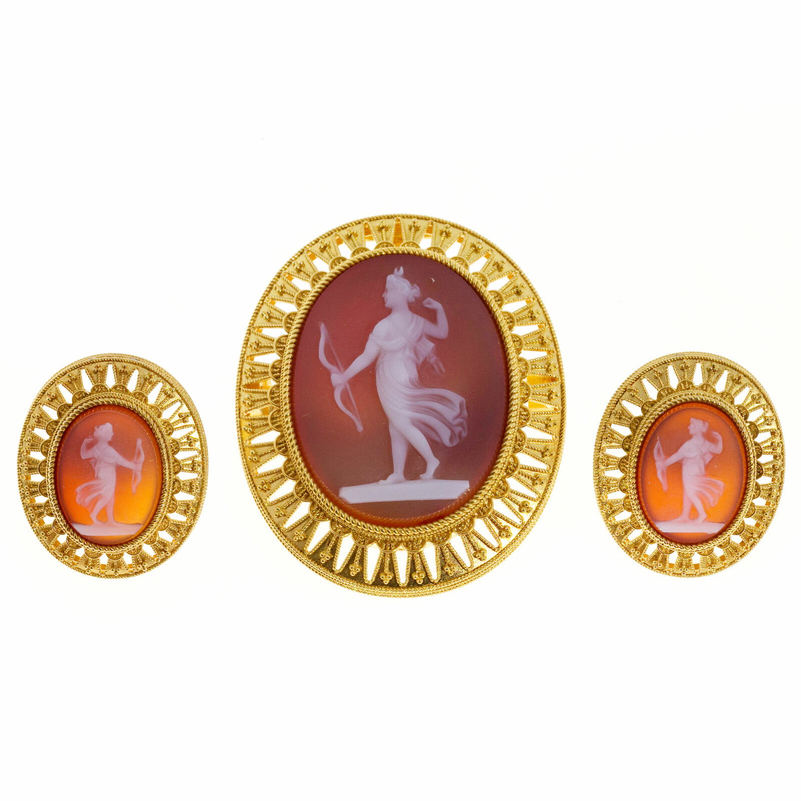 Vintage 1800s Antique Carved Carnelian 18k Frame Pin Pendant Earring Set