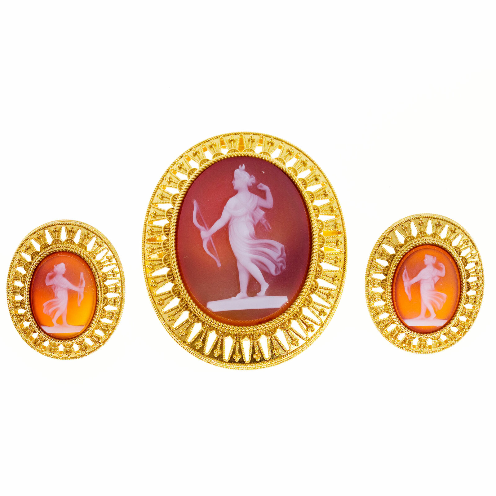 Vintage 1800s Antique Carved Carnelian 18k Frame Pin Pendant Earring Set