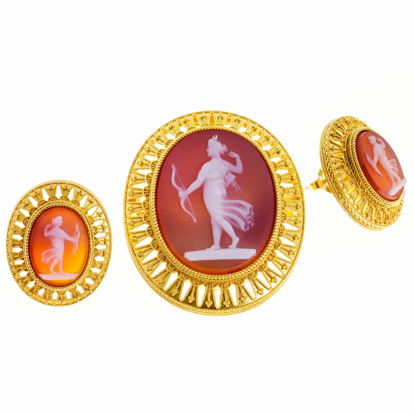 Vintage 1800s Antique Carved Carnelian 18k Frame Pin Pendant Earring Set