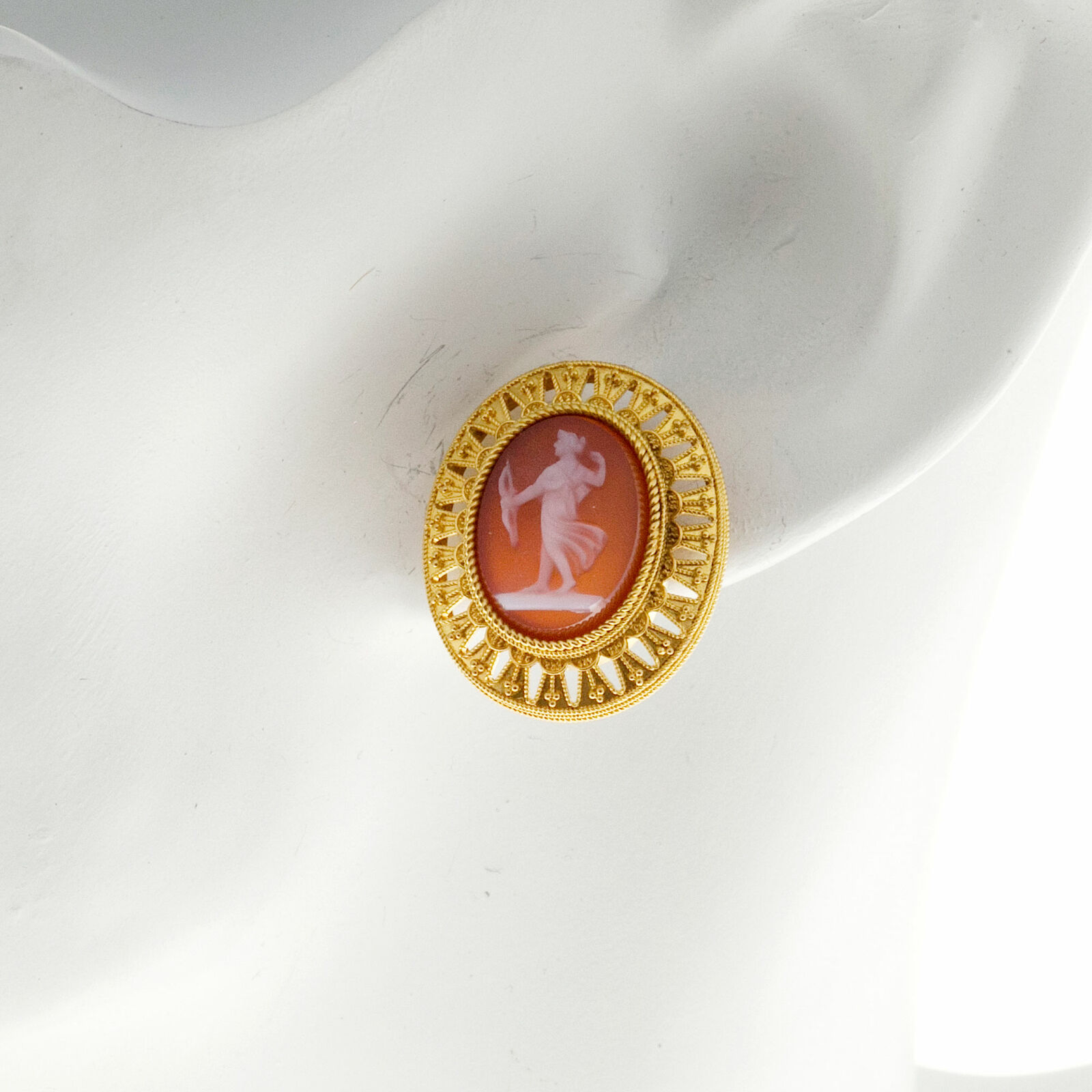Vintage 1800s Antique Carved Carnelian 18k Frame Pin Pendant Earring Set