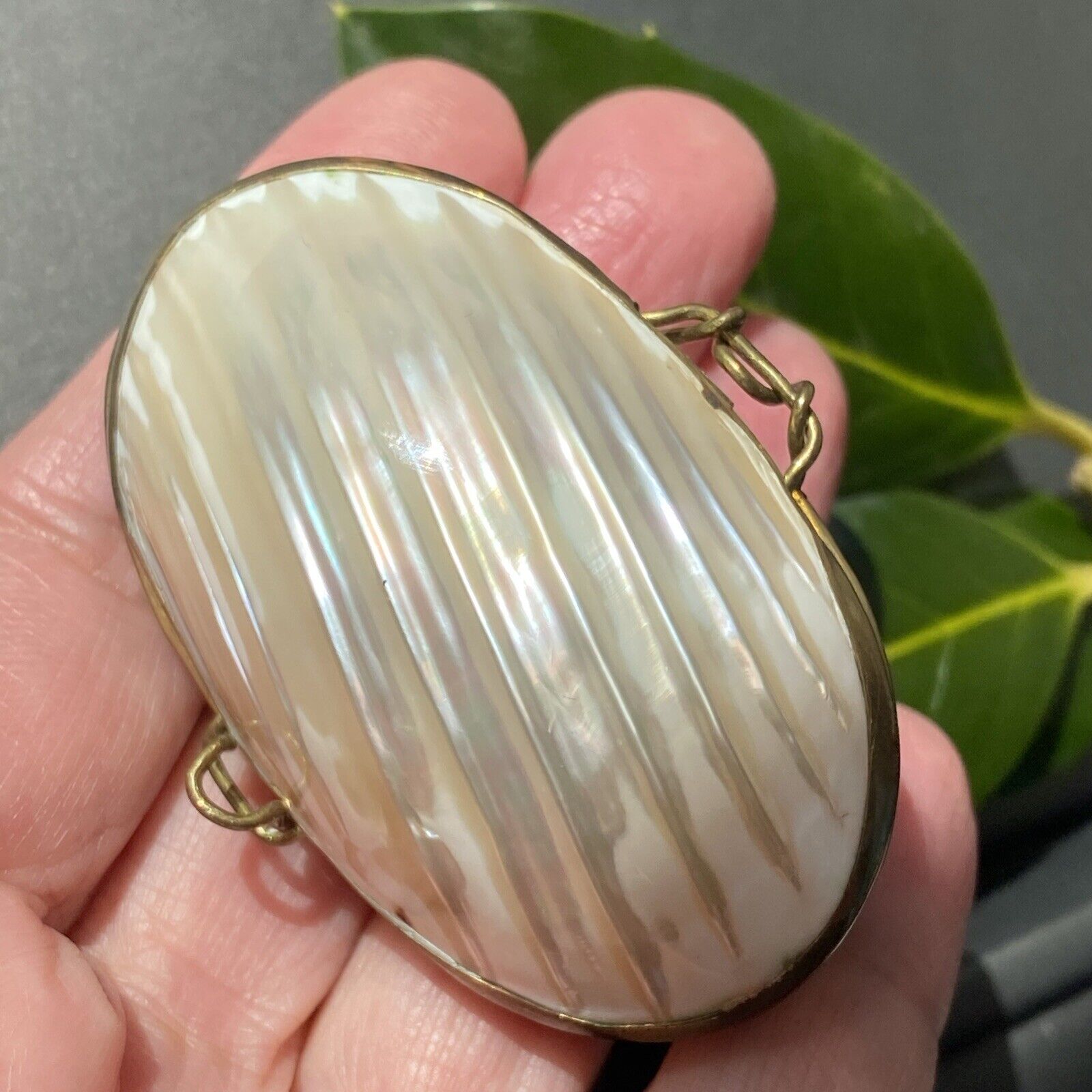 Sea Shell Brass Pearl Jewelry Trinket Box Early 1900s Antique Vintage Pre-owned