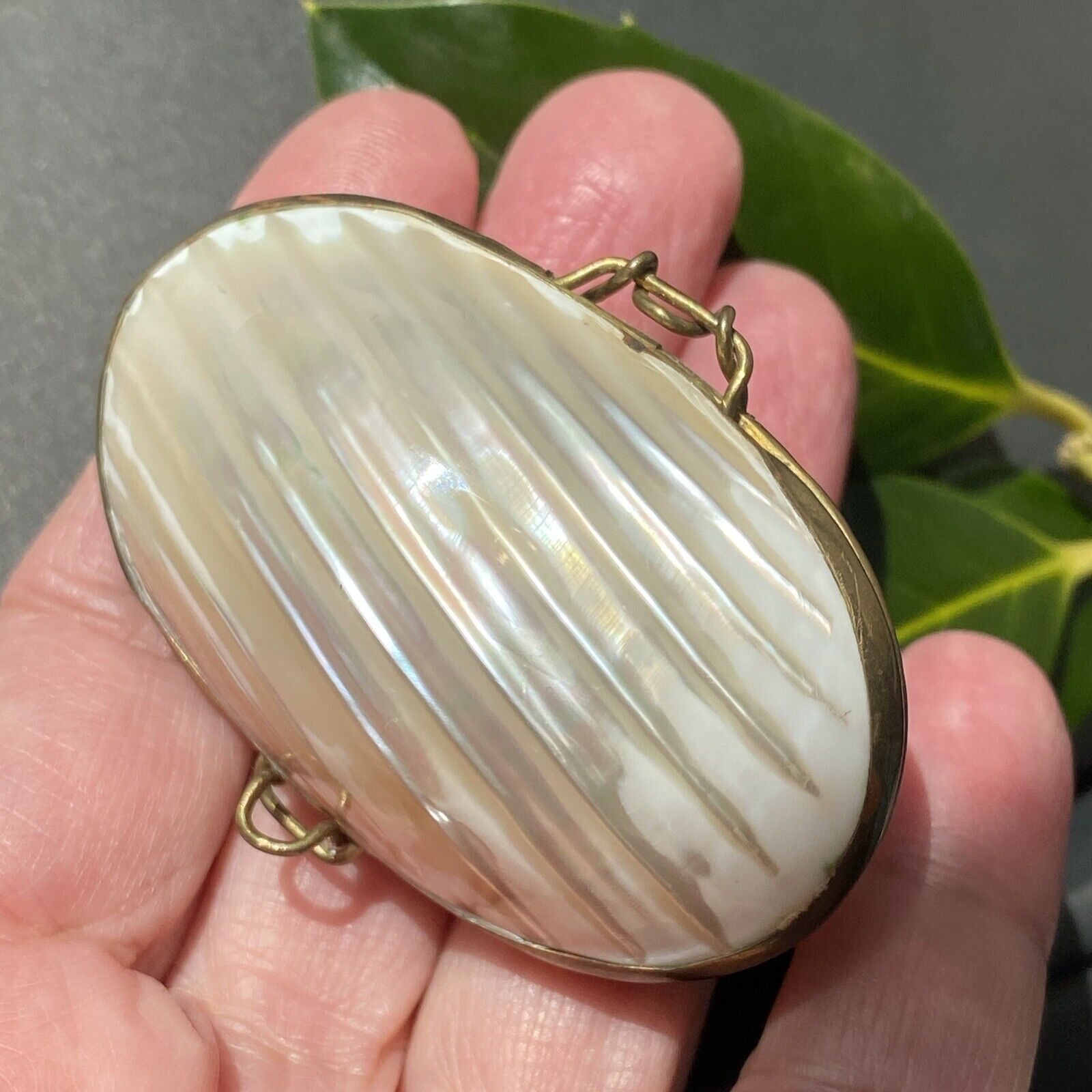 Sea Shell Brass Pearl Jewelry Trinket Box Early 1900s Antique Vintage Pre-owned