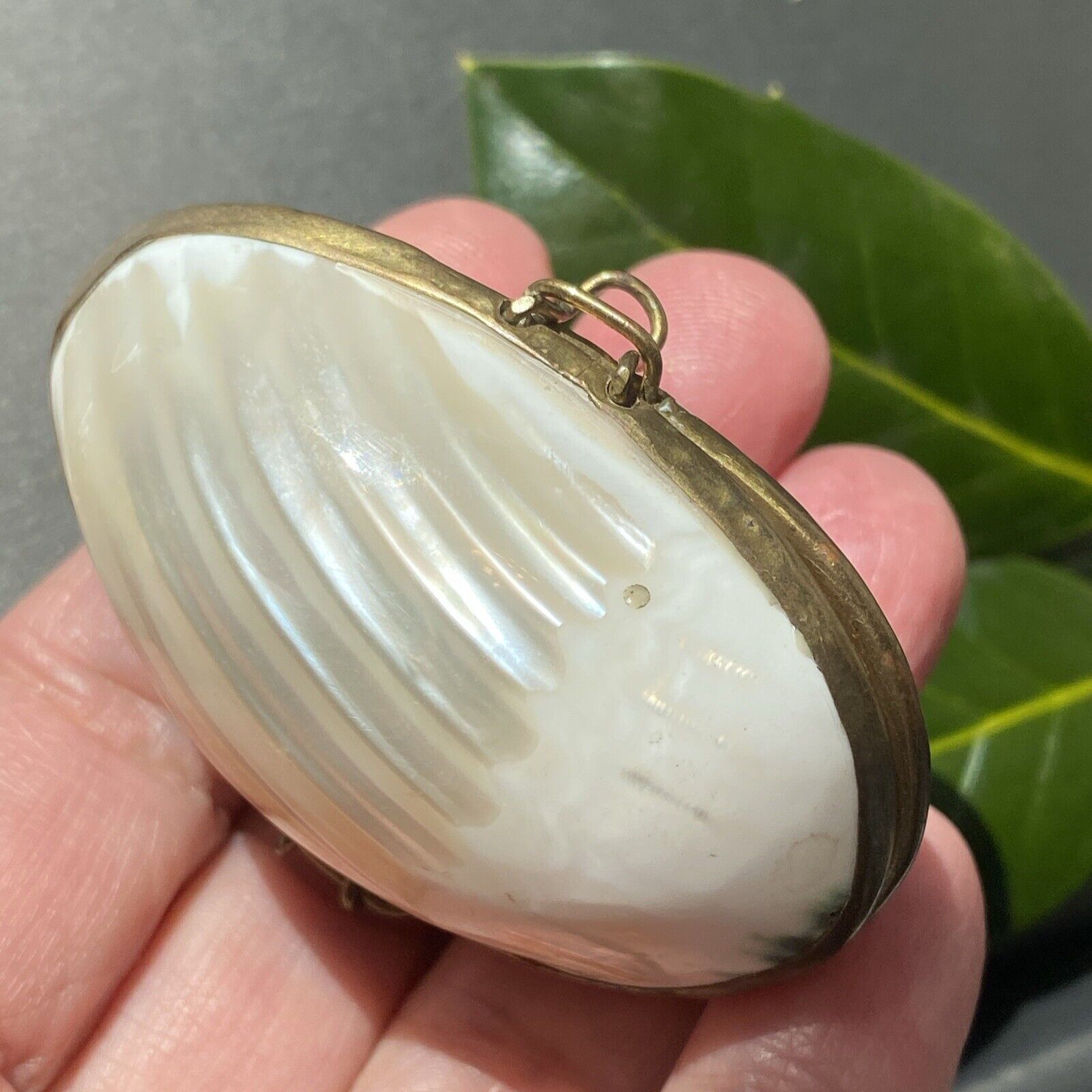 Sea Shell Brass Pearl Jewelry Trinket Box Early 1900s Antique Vintage Pre-owned