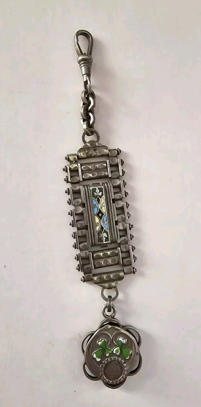 Antique 1900s Jakob Bengel Germany Pocket Watch Chain Enamel With 3 Leaf Clover