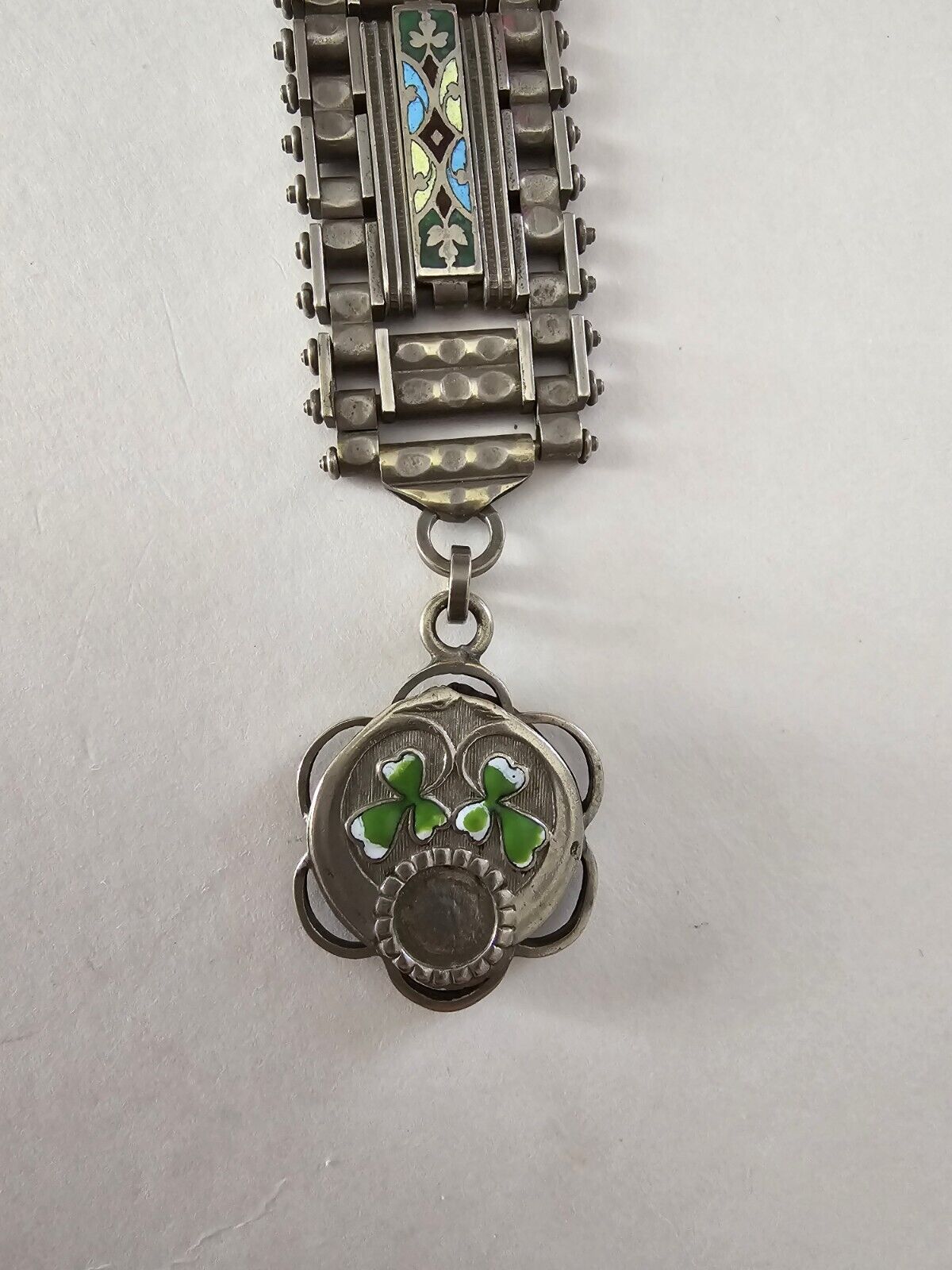 Antique 1900s Jakob Bengel Germany Pocket Watch Chain Enamel With 3 Leaf Clover