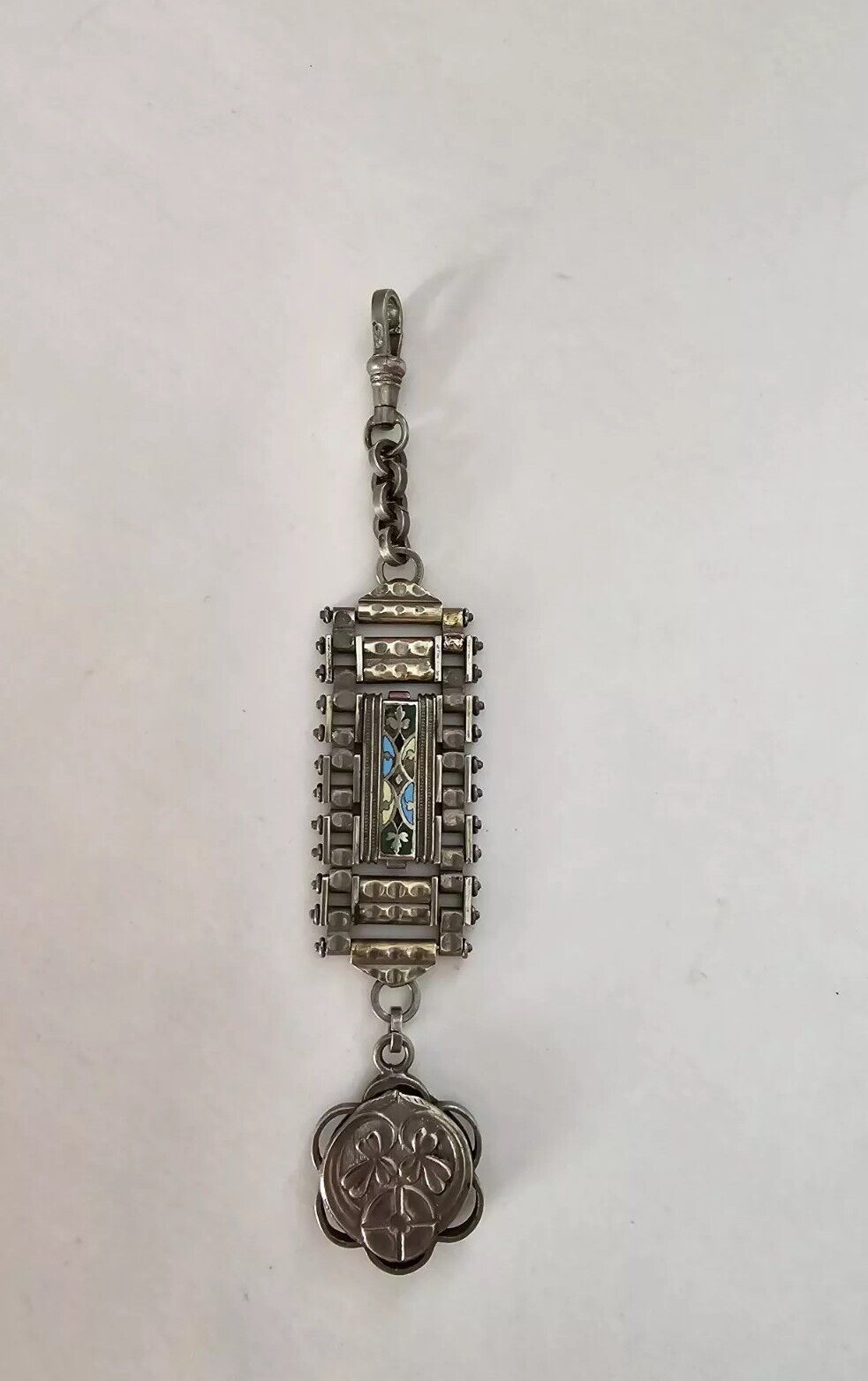 Antique 1900s Jakob Bengel Germany Pocket Watch Chain Enamel With 3 Leaf Clover
