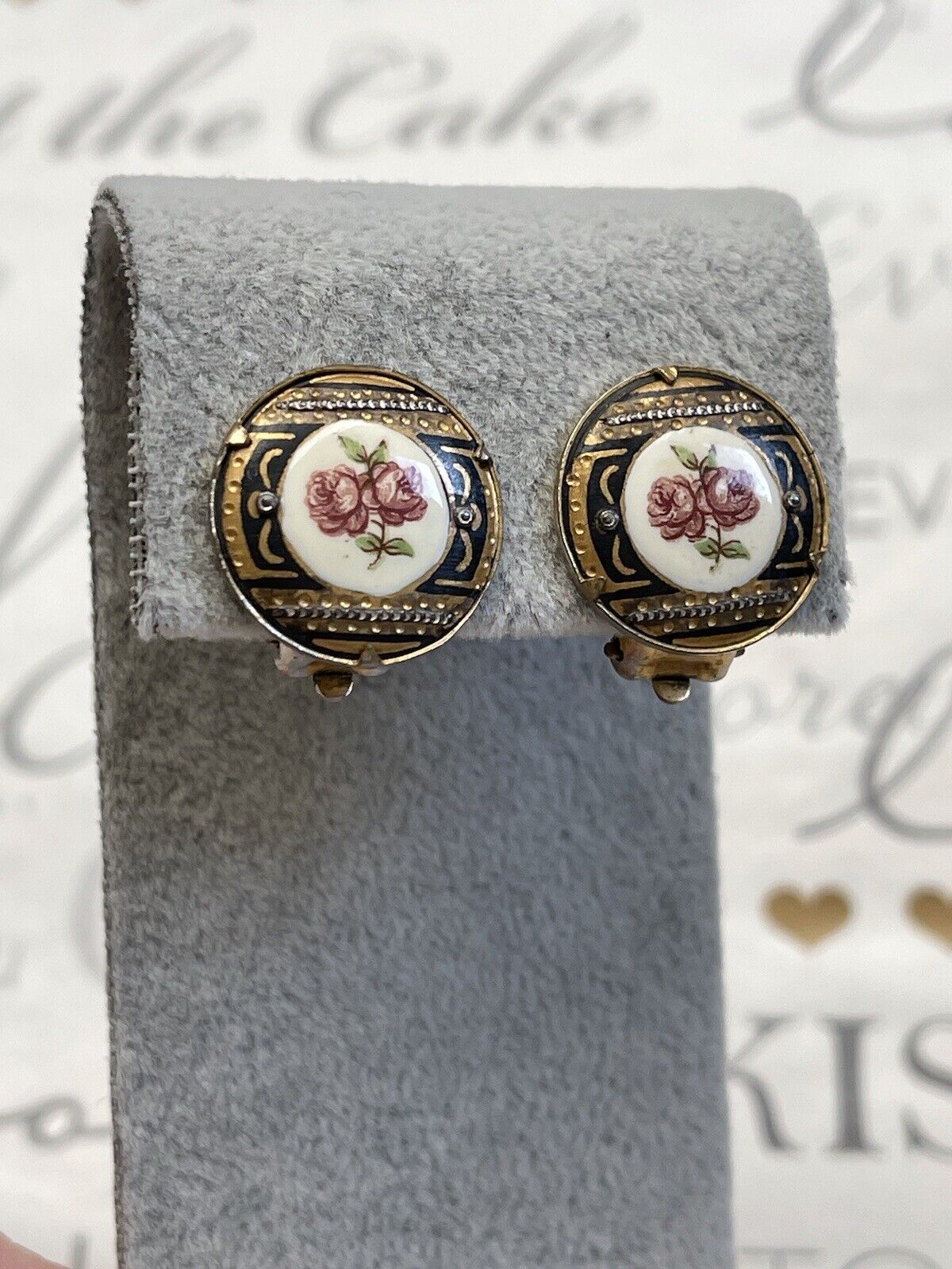 Antique earrings Flower Gold Plated Vintage 1900s-10s hand painting Very Rare 🥰