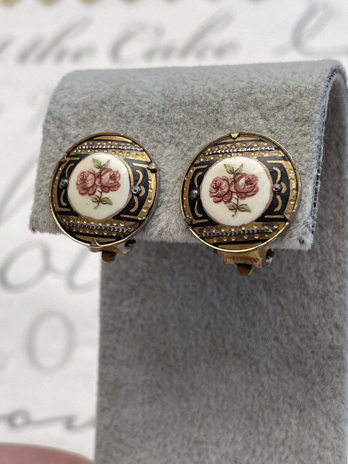 Antique earrings Flower Gold Plated Vintage 1900s-10s hand painting Very Rare 🥰