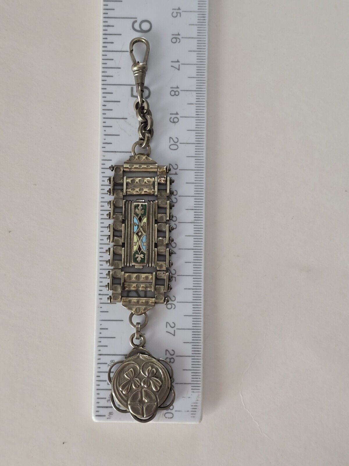 Antique 1900s Jakob Bengel Germany Pocket Watch Chain Enamel With 3 Leaf Clover