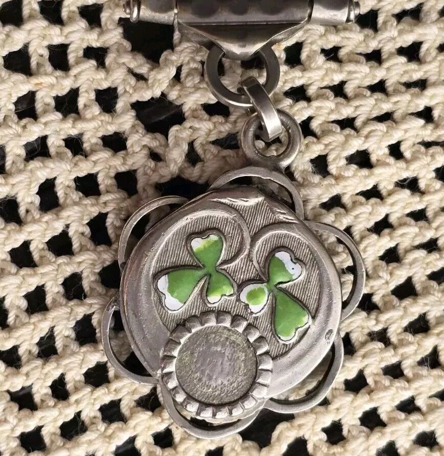 Antique 1900s Jakob Bengel Germany Pocket Watch Chain Enamel With 3 Leaf Clover