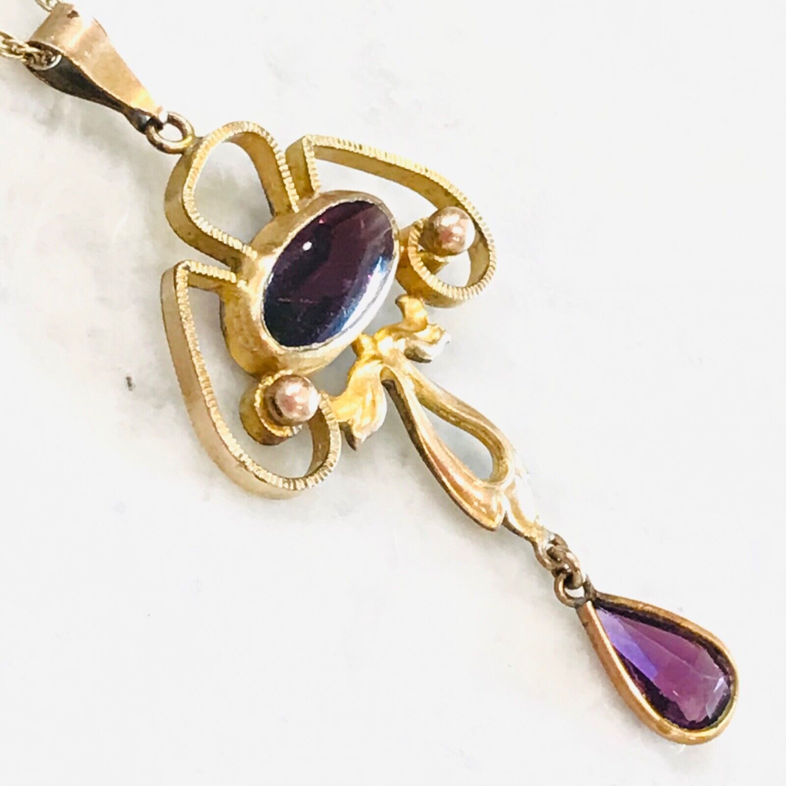 ANTQ Gold Filled 1900’s Purple Faceted Lavalier Dangle Drop Pendant Necklace VTG