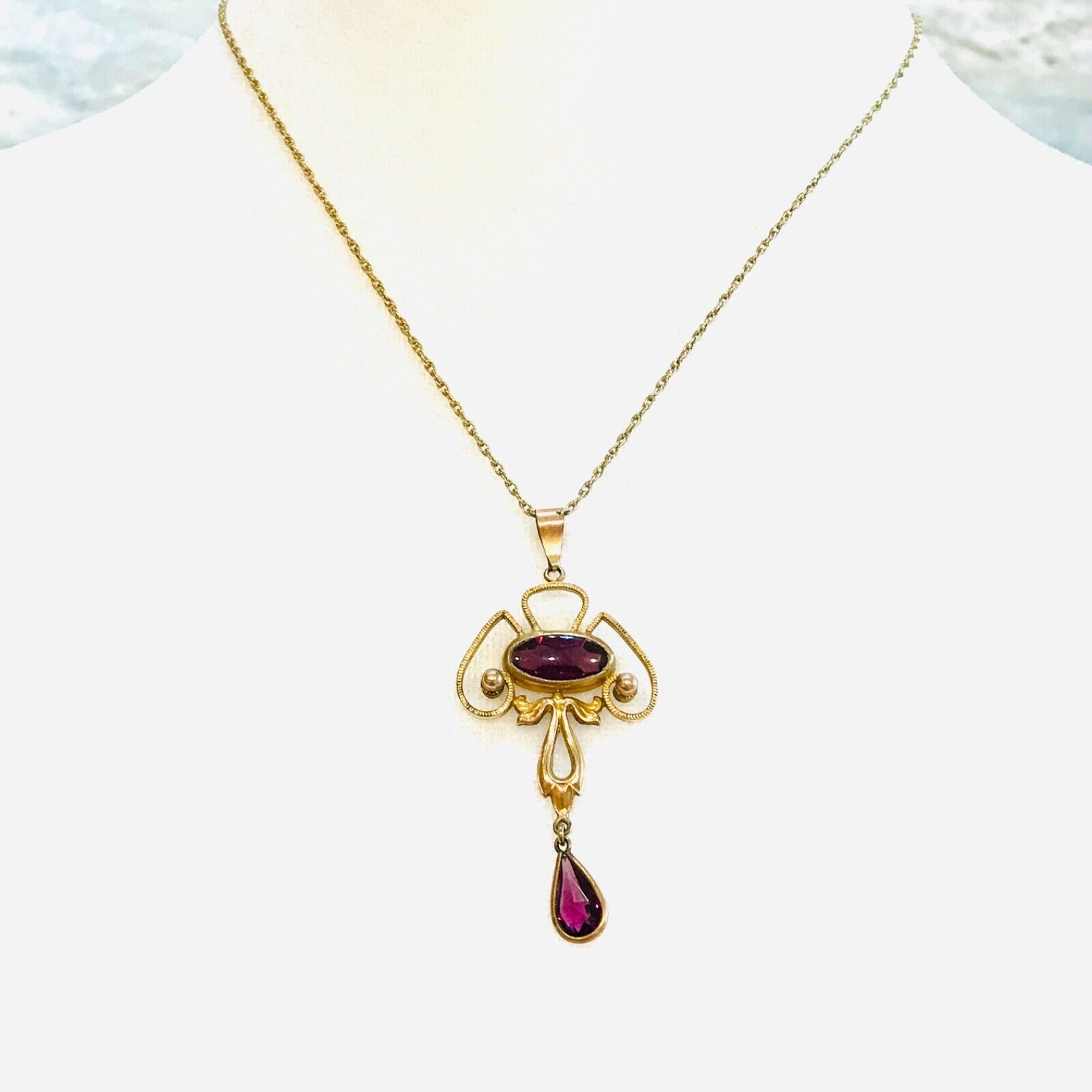 ANTQ Gold Filled 1900’s Purple Faceted Lavalier Dangle Drop Pendant Necklace VTG