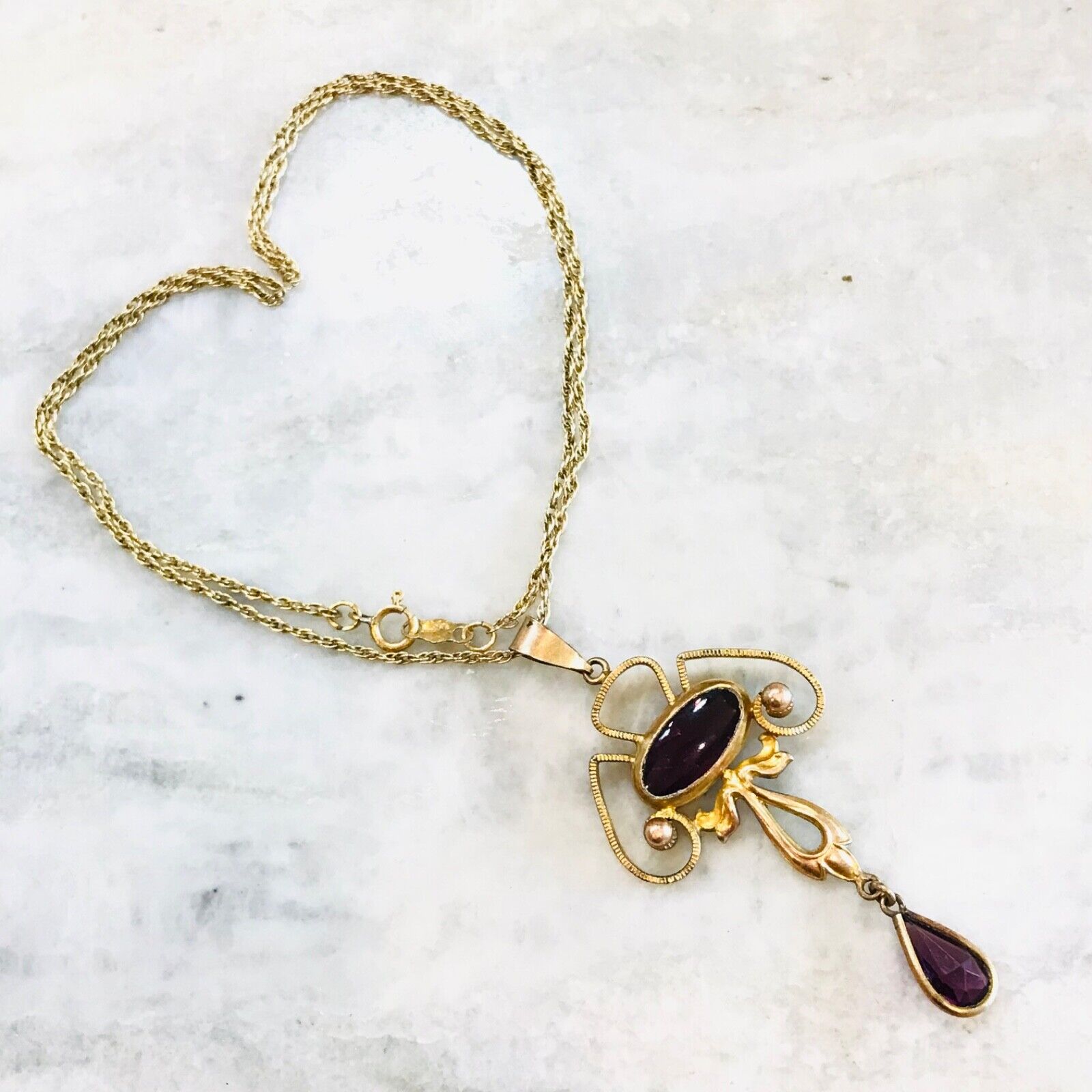 ANTQ Gold Filled 1900’s Purple Faceted Lavalier Dangle Drop Pendant Necklace VTG