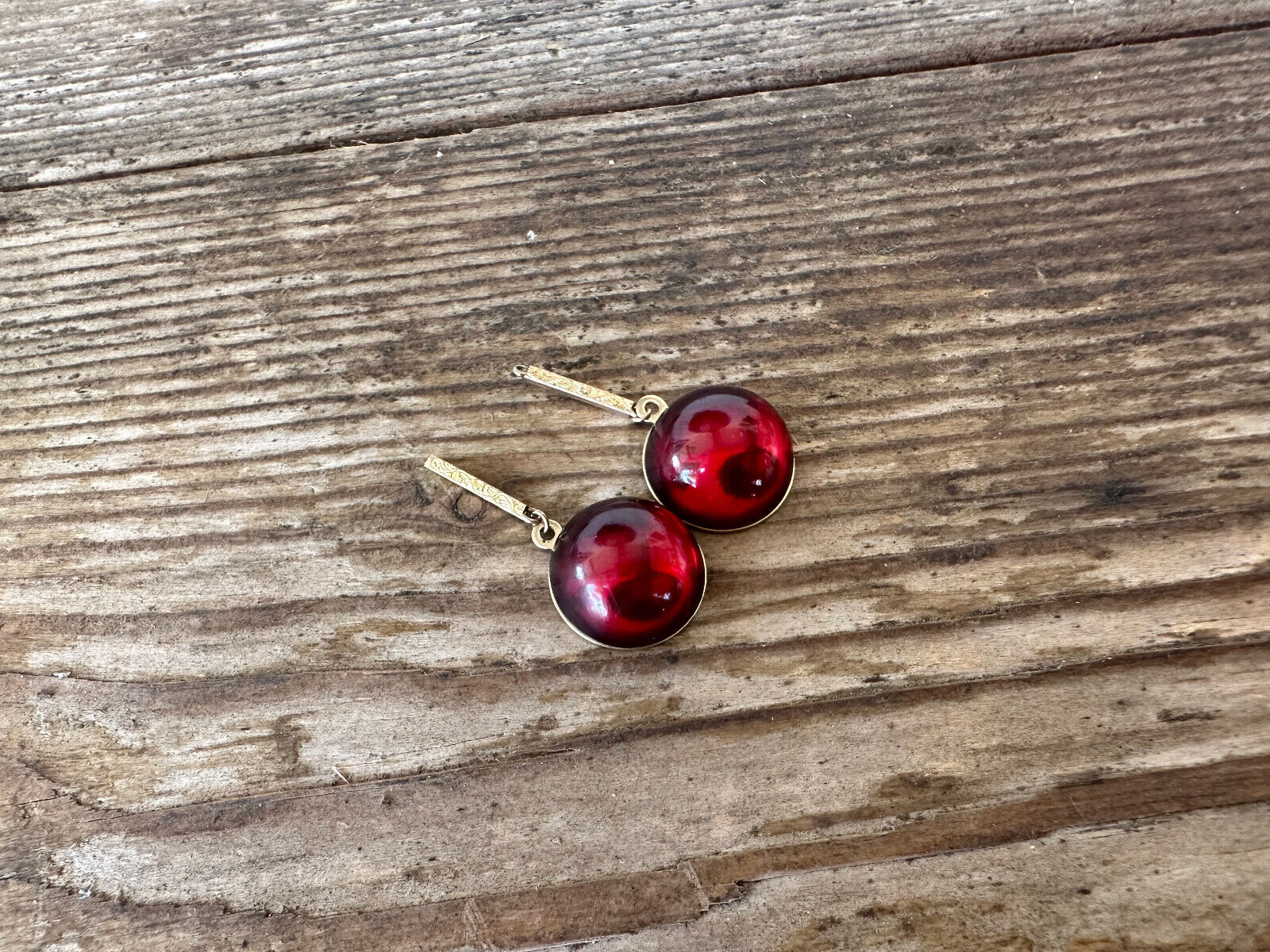 Vintage Antique Faux Red Amber Earrings Gold 14K ? Round Vintage 5/8" 1900's