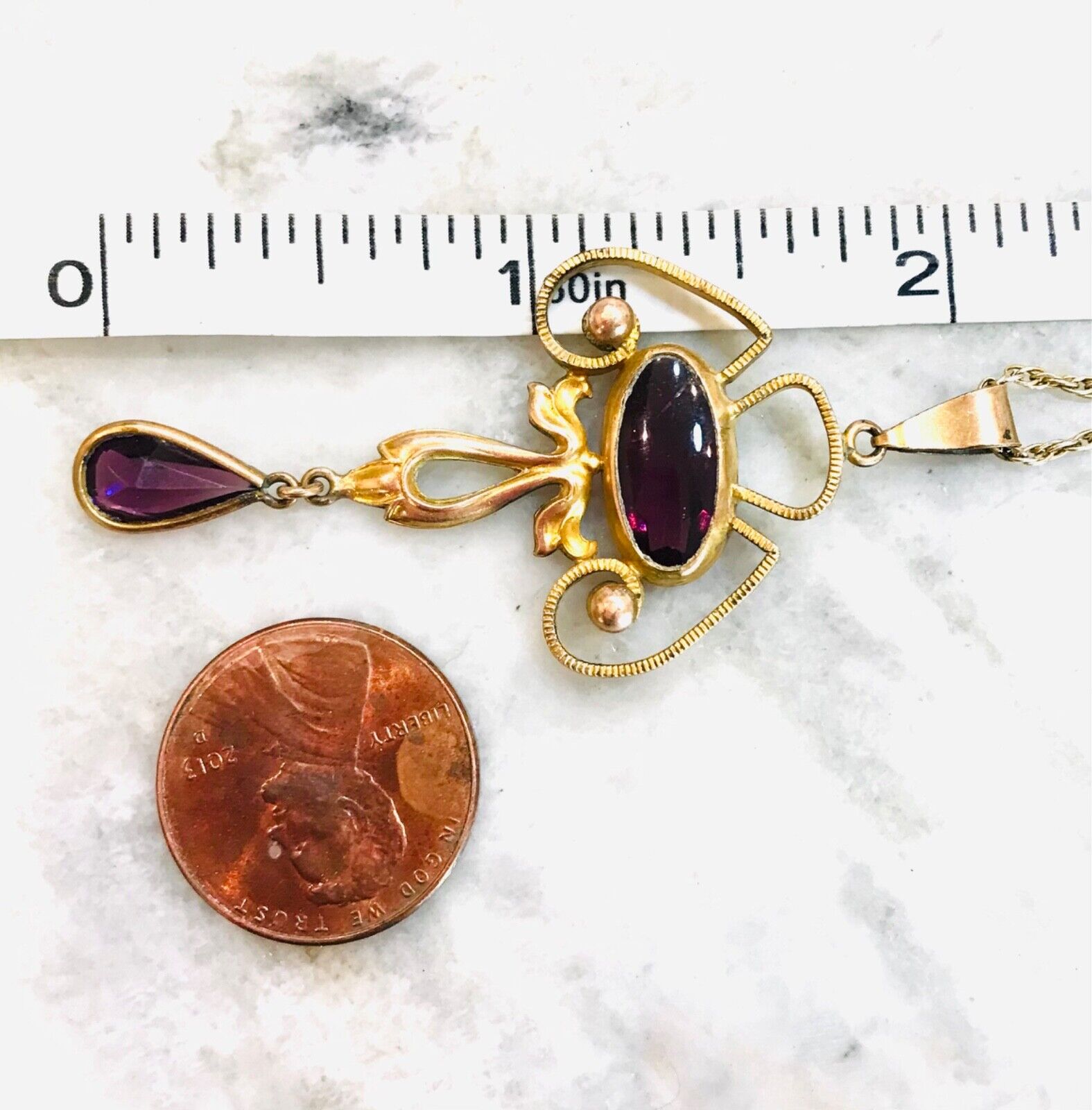 ANTQ Gold Filled 1900’s Purple Faceted Lavalier Dangle Drop Pendant Necklace VTG