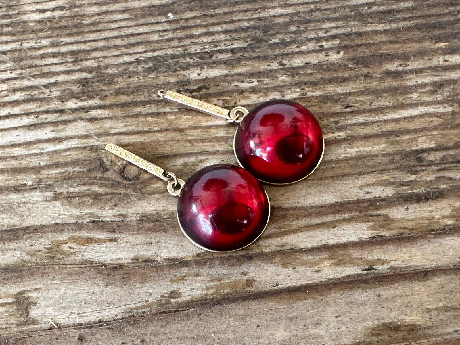 Vintage Antique Faux Red Amber Earrings Gold 14K ? Round Vintage 5/8" 1900's