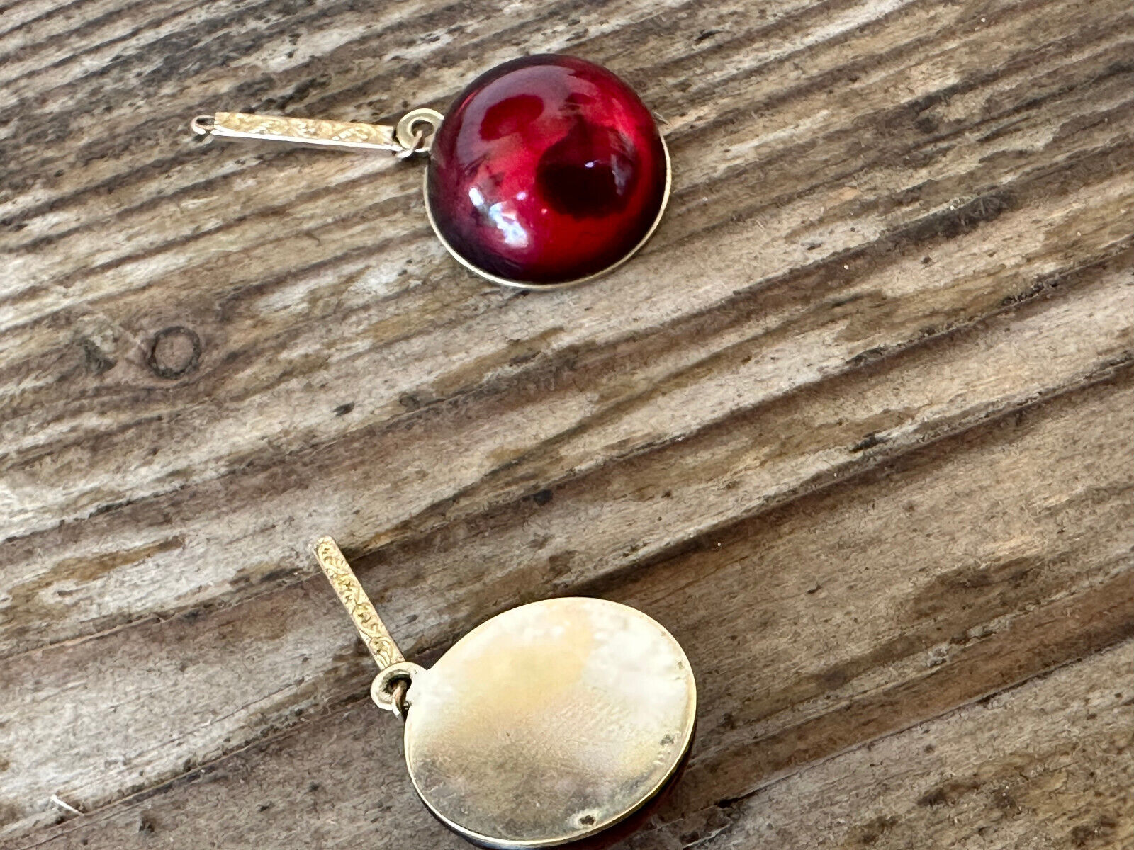 Vintage Antique Faux Red Amber Earrings Gold 14K ? Round Vintage 5/8" 1900's