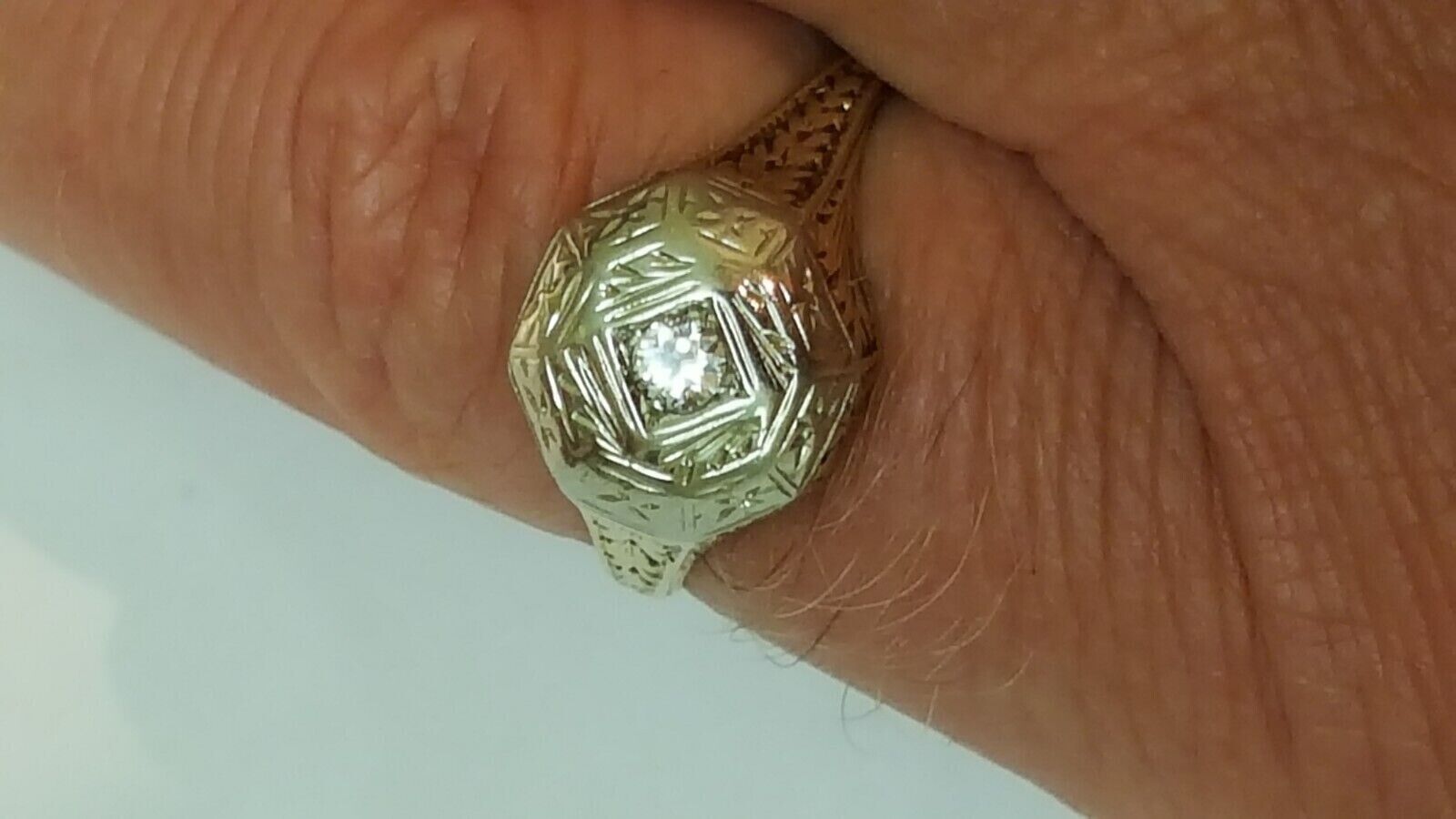 Antique Art Deco 2-Tone 14k Gold Filigree Diamond Ring,early 1900s