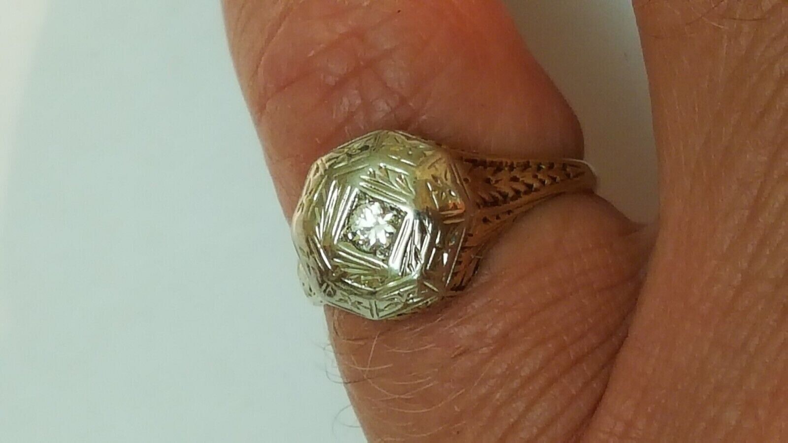 Antique Art Deco 2-Tone 14k Gold Filigree Diamond Ring,early 1900s