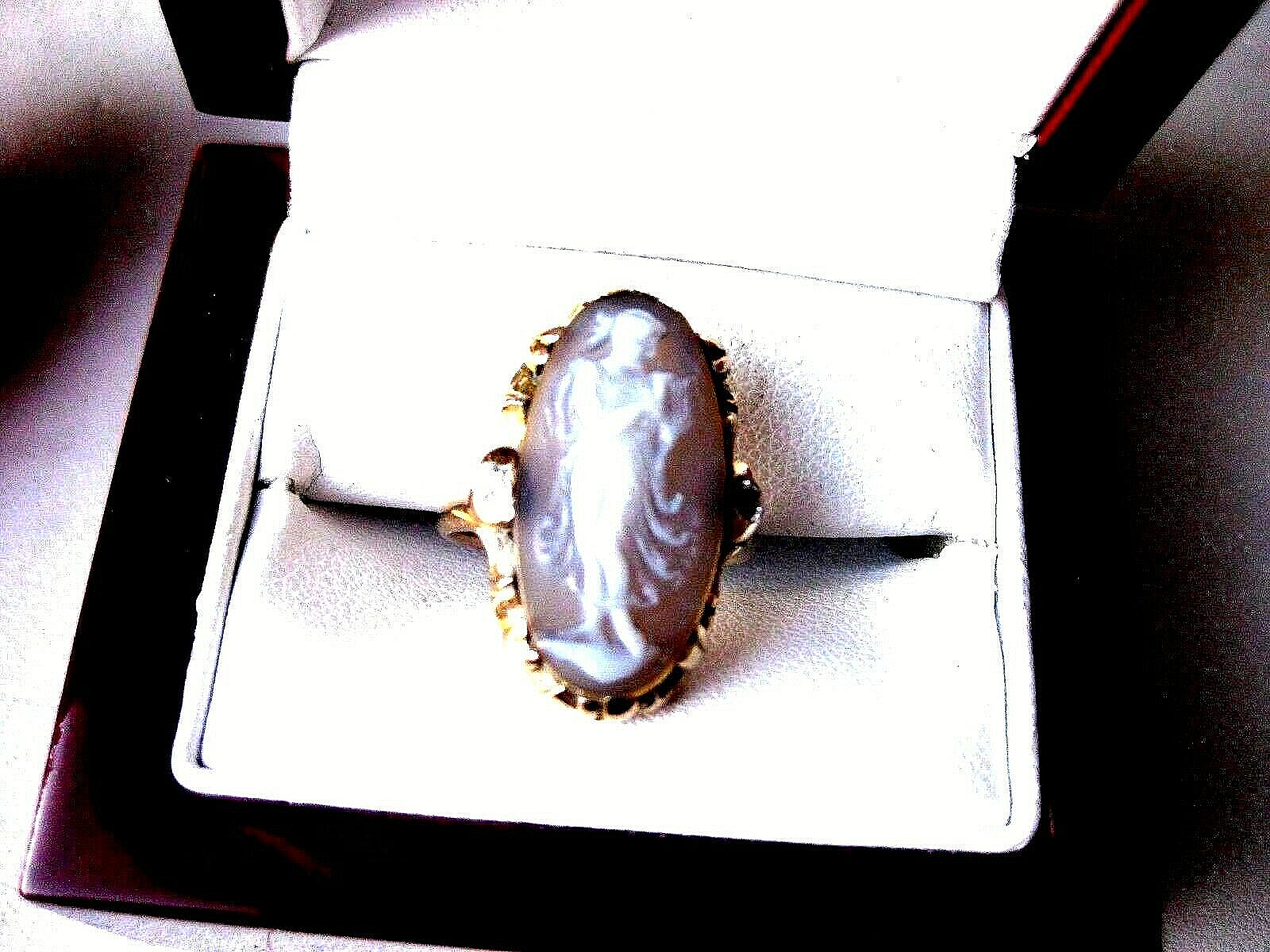 ANTIQUE 14K YELLOW GOLD RING:HARD-STONE "CAMEO" & DIAMONDS,ART NOUVEAU,1900's   