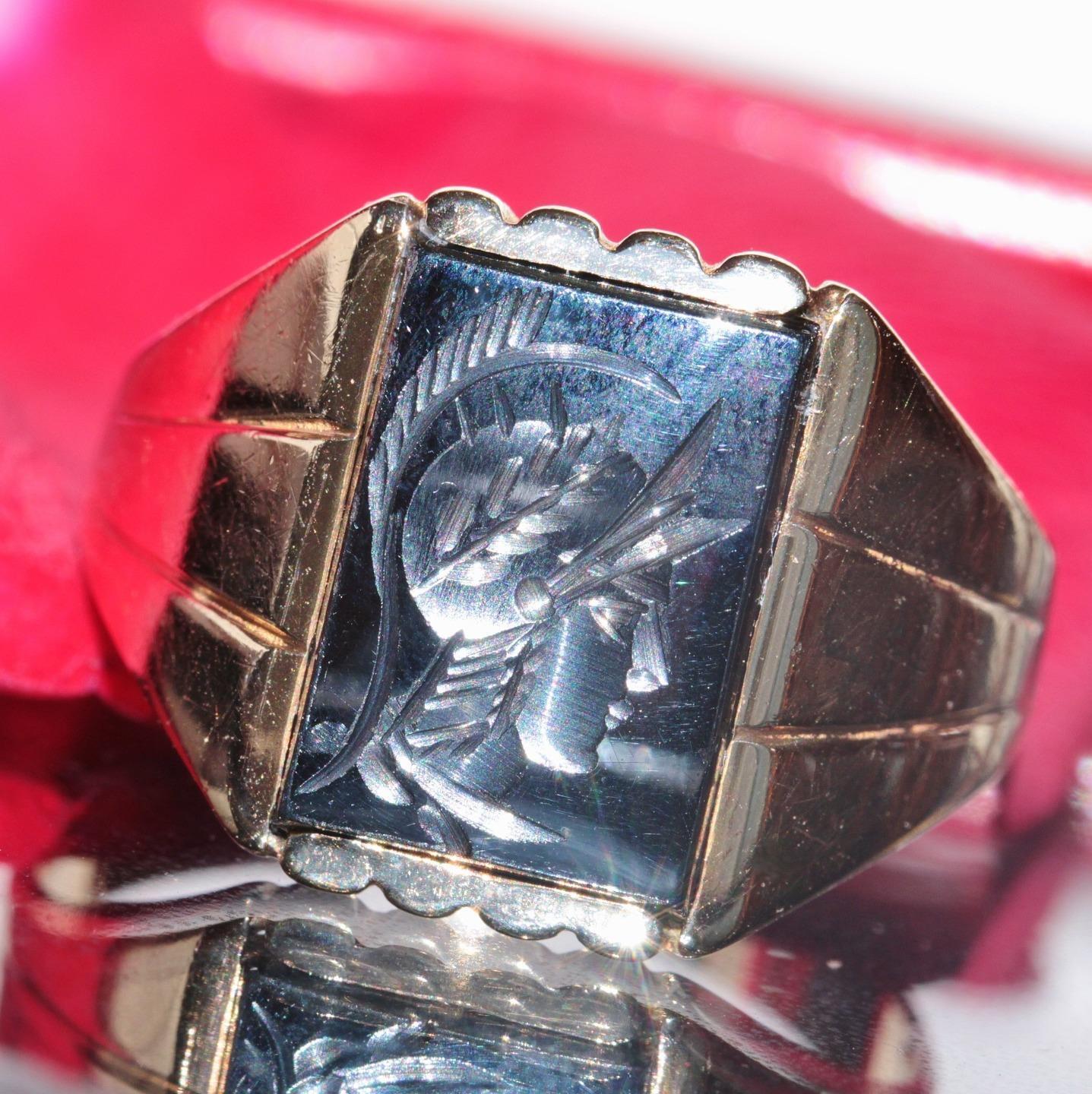 10k yellow gold ring sz 10.75 roman soldier intaglio 1900's antique 5.1gr N2677S