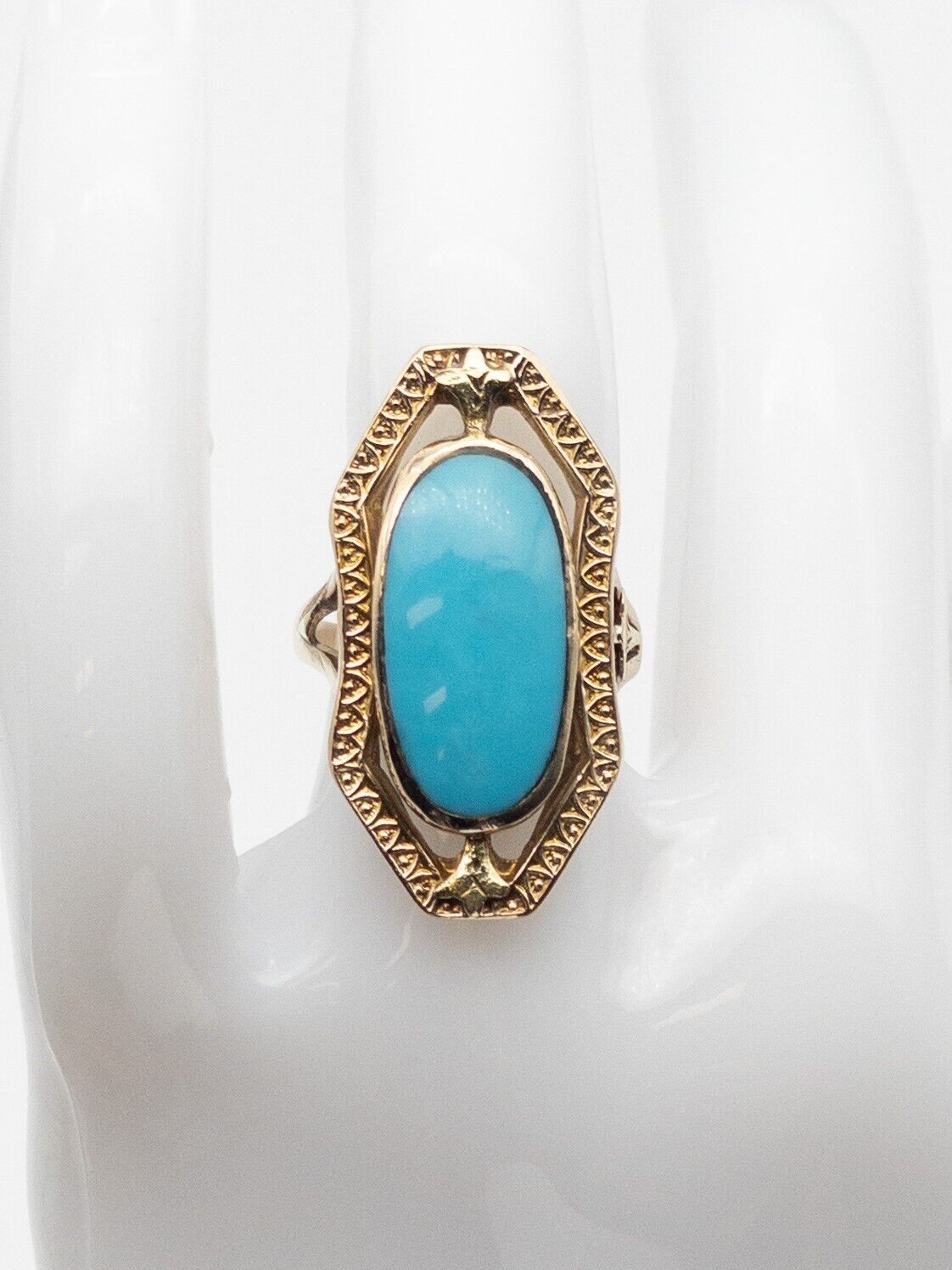 Antique Etrsucan Edwardian 1900s Natural Turquoise 10k Yellow Gold BIG Ring