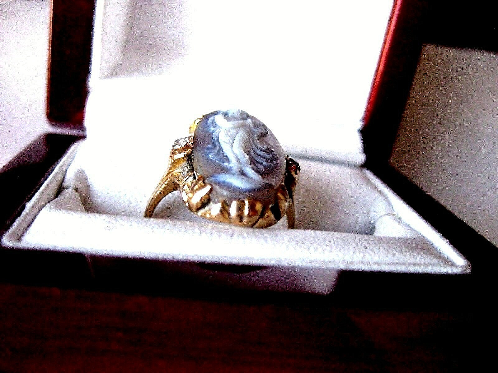 ANTIQUE 14K YELLOW GOLD RING:HARD-STONE "CAMEO" & DIAMONDS,ART NOUVEAU,1900's   
