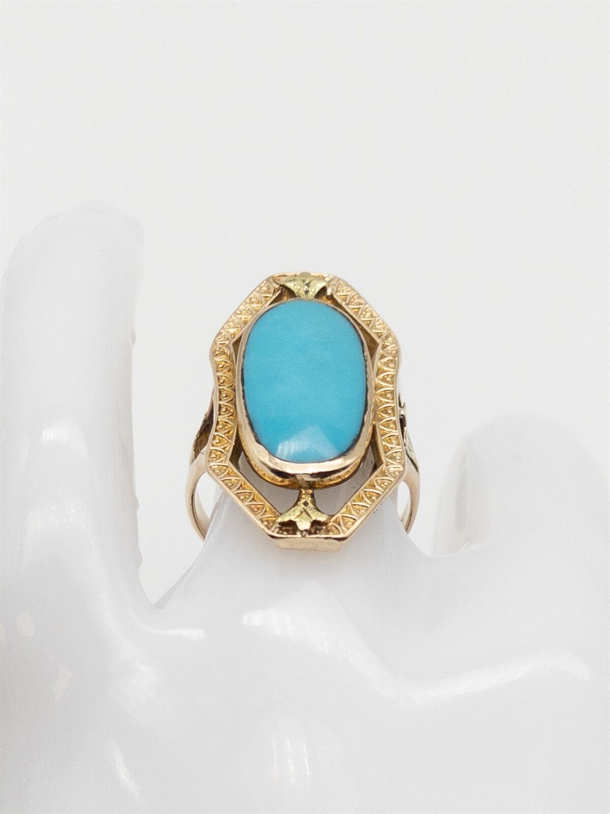 Antique Etrsucan Edwardian 1900s Natural Turquoise 10k Yellow Gold BIG Ring