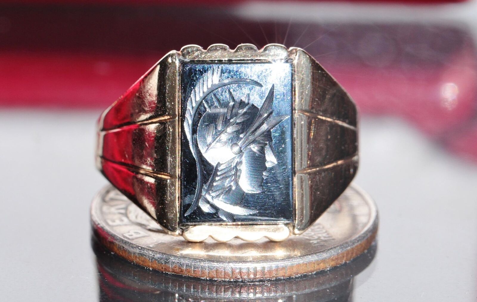 10k yellow gold ring sz 10.75 roman soldier intaglio 1900's antique 5.1gr N2677S