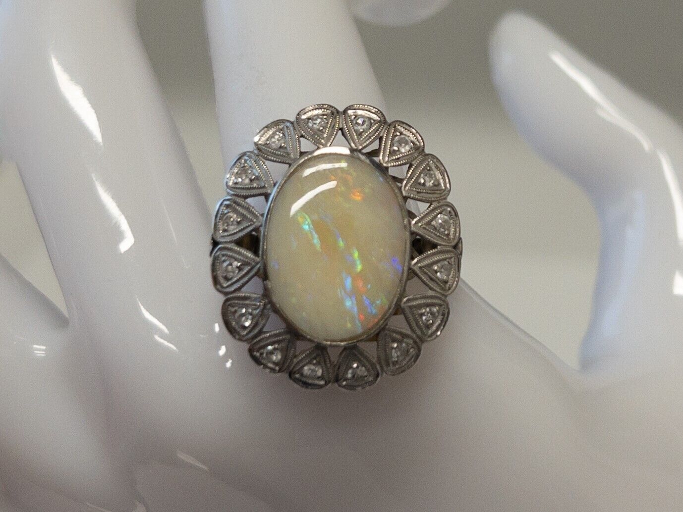 Antique 1900s $6000 4.50ct Lighting Ridge OPAL Diamond Platinum HALO Ring 7g