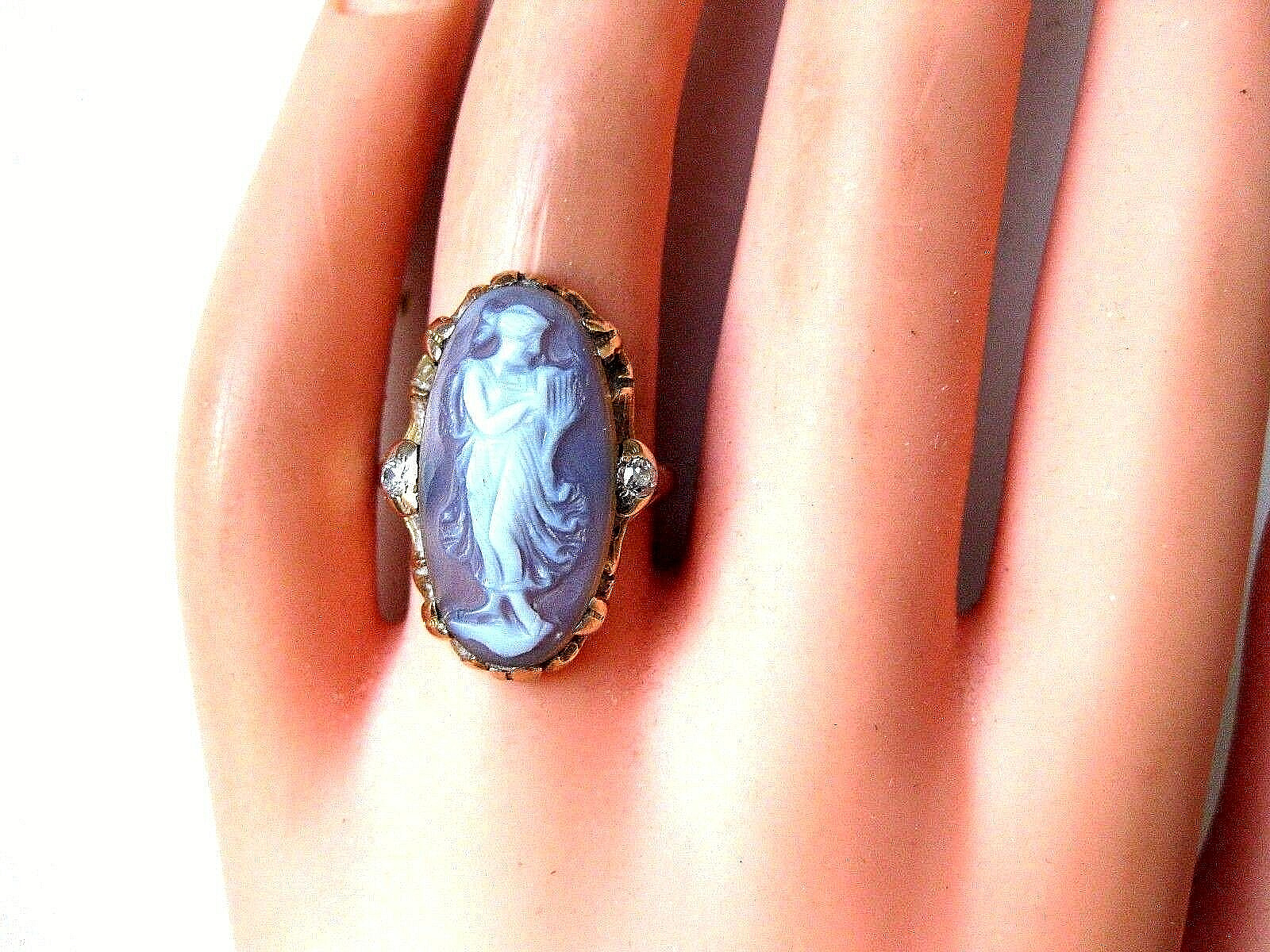ANTIQUE 14K YELLOW GOLD RING:HARD-STONE "CAMEO" & DIAMONDS,ART NOUVEAU,1900's   