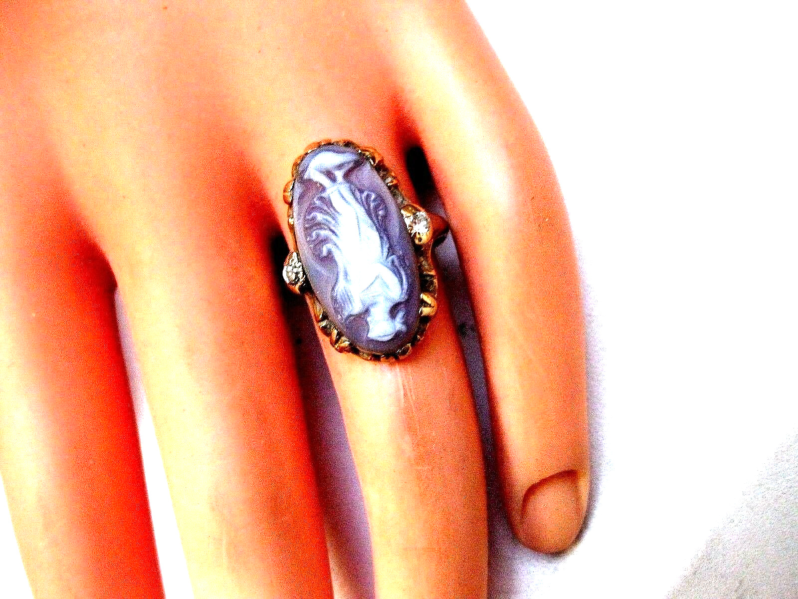 ANTIQUE 14K YELLOW GOLD RING:HARD-STONE "CAMEO" & DIAMONDS,ART NOUVEAU,1900's   