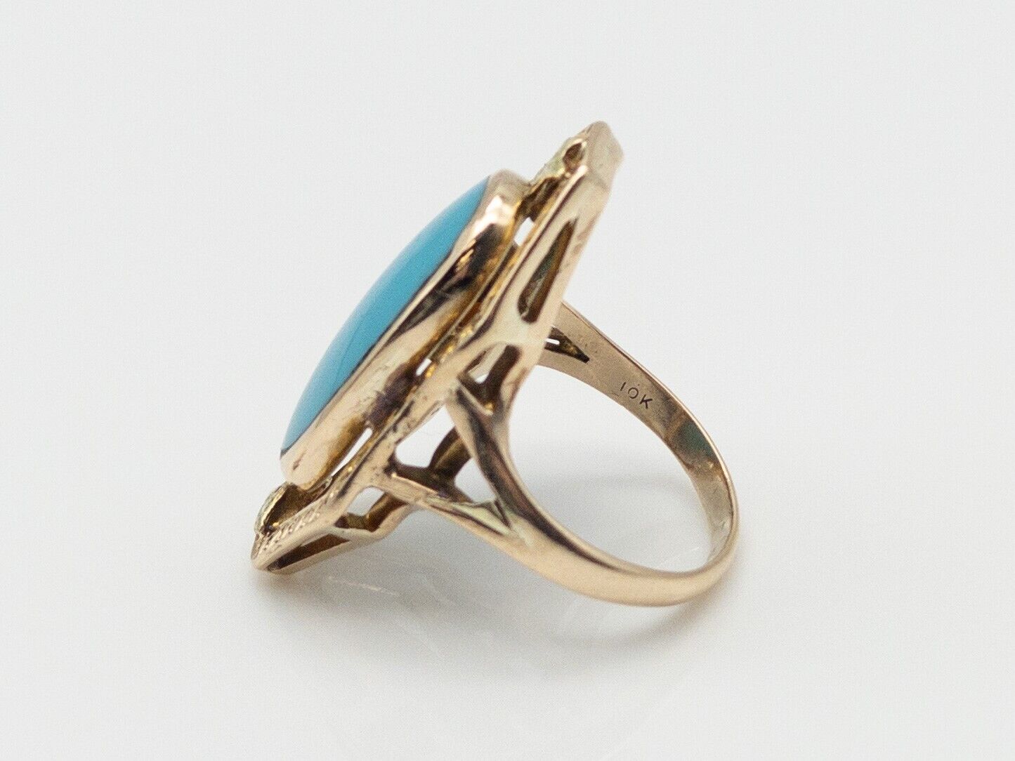 Antique Etrsucan Edwardian 1900s Natural Turquoise 10k Yellow Gold BIG Ring
