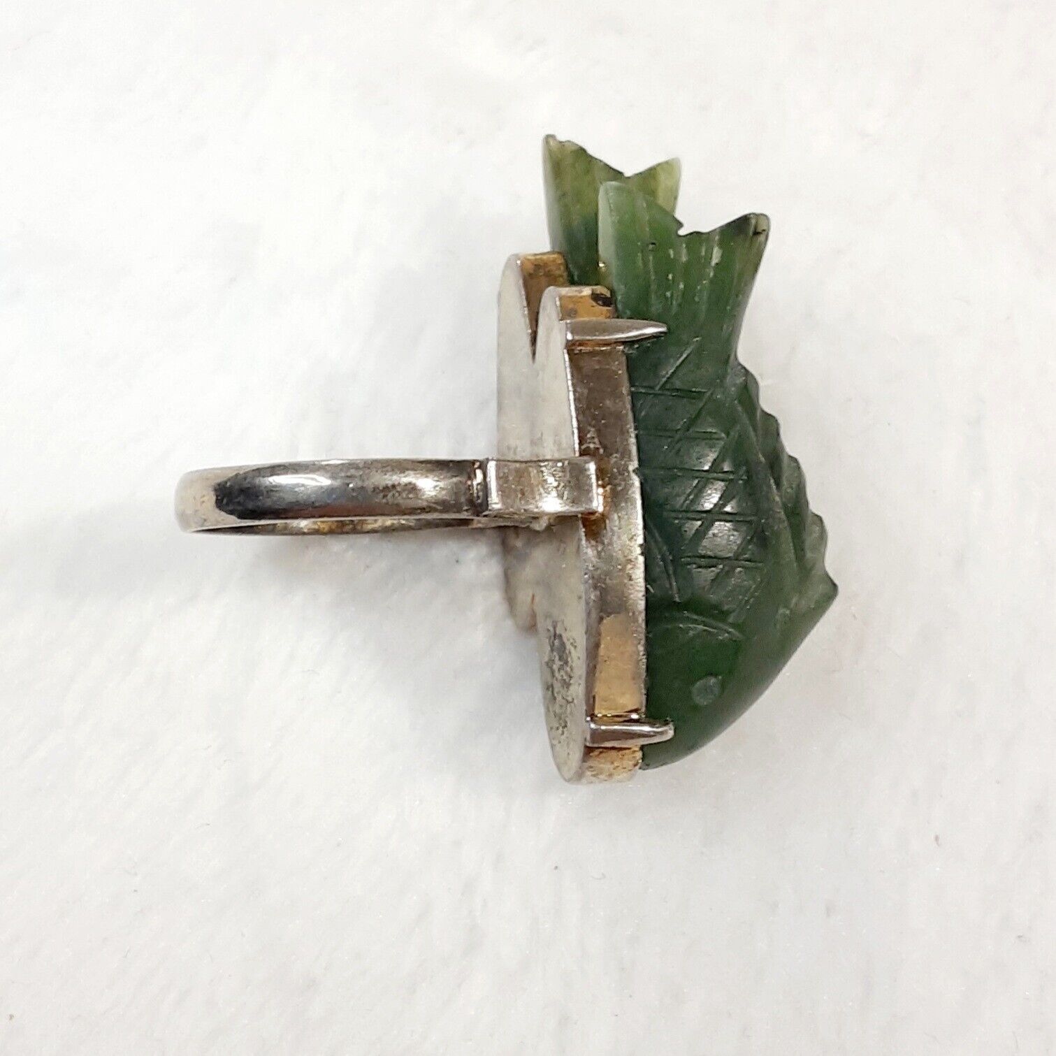 ** RARE Early 1900's Sterling Silver Nephrite Jade Koi Fish Ring **